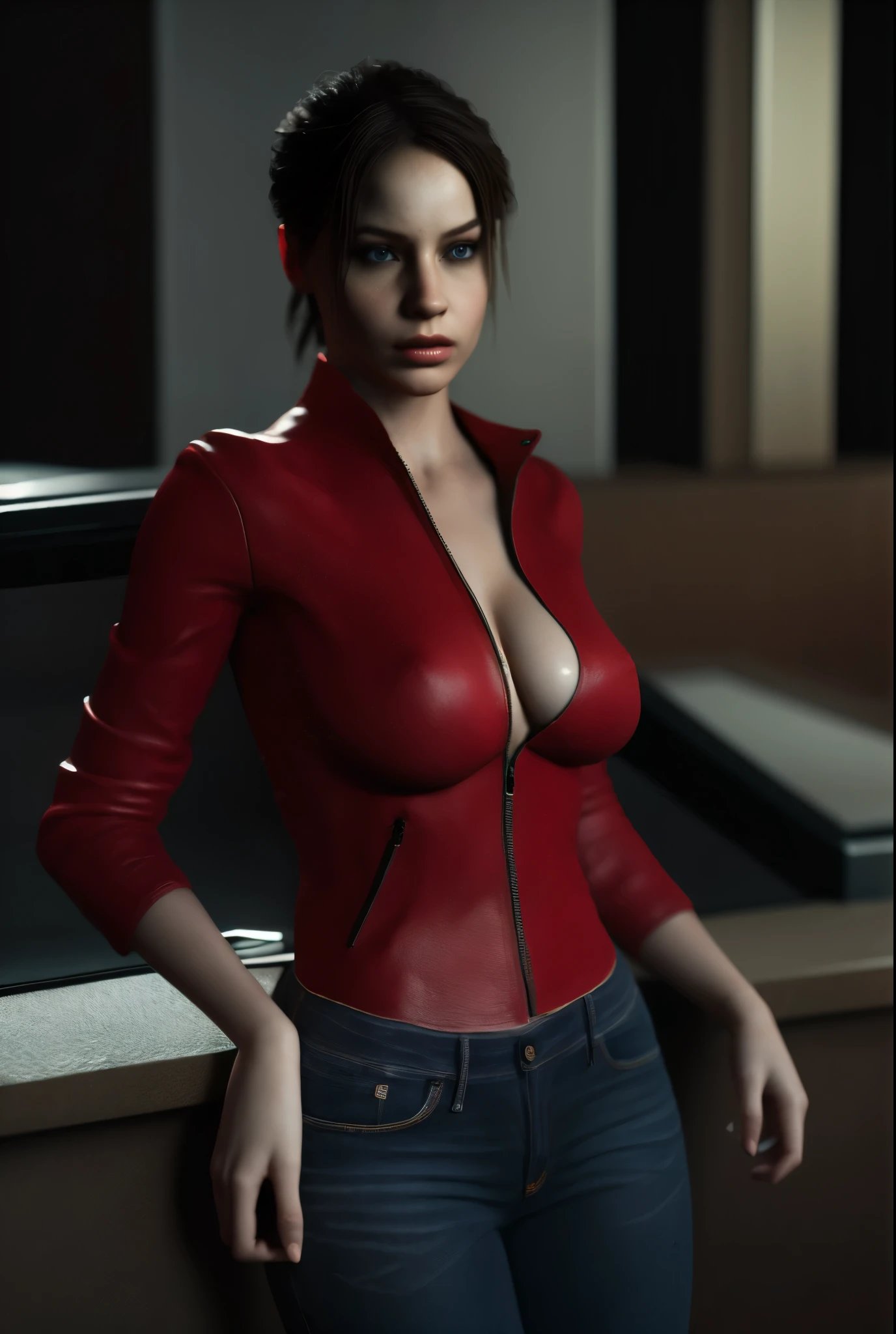 (masterpiece, best quality), 1girl,     claireredfield2, breast, wear jeans