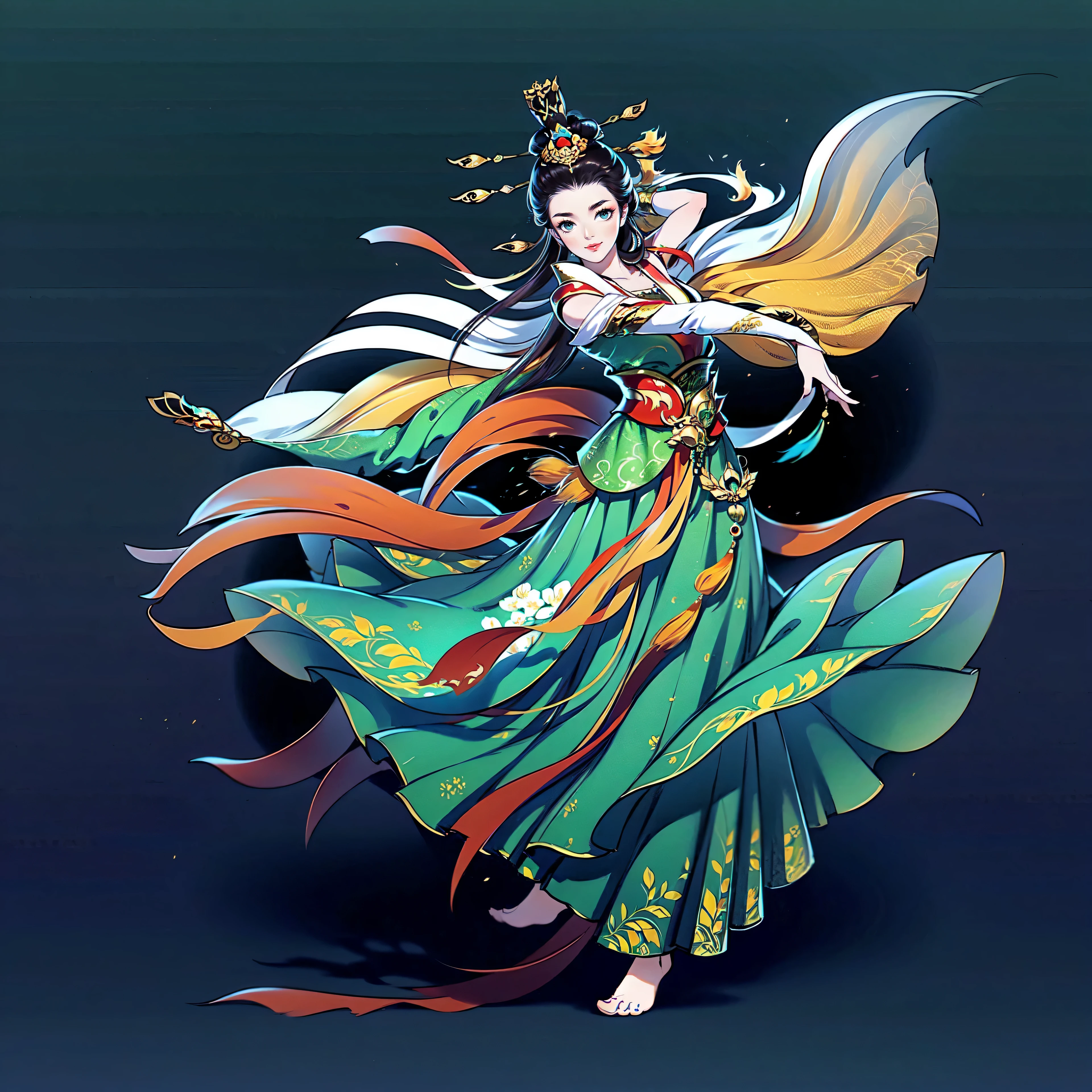 （masterpiece，super detailed，HD details，highly detailed art）1 girl，whole body，barefoot，xianxia，Gorgeous dance costumes，elegant，elegant，Highly detailed character designs from East Asia，Game character costume design，simple，ultra high resolution, sharp focus, epic work, masterpiece, (Very detailed CG unified 8k wallpaper)，pretty face，beautiful eyes，HD details