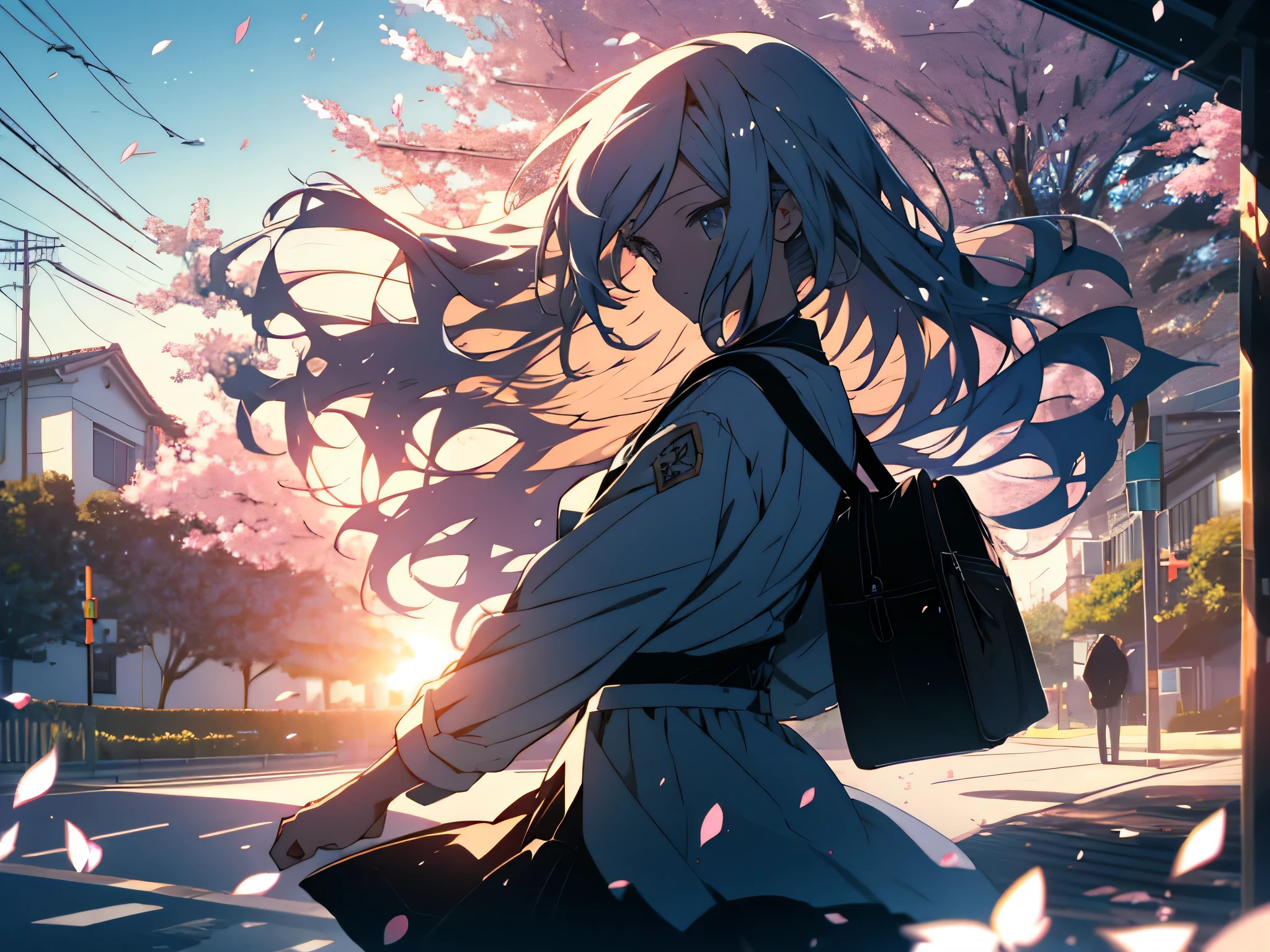 anime style, super detailed illustrations, very detailed, dynamic angle, beautiful, 8K, A warm and strong wind blows in early spring, BREAK High school girl's long hair and skirt fluttering in the wind. Holding a bag while looking at the cherry blossoms dancing in the wind.
