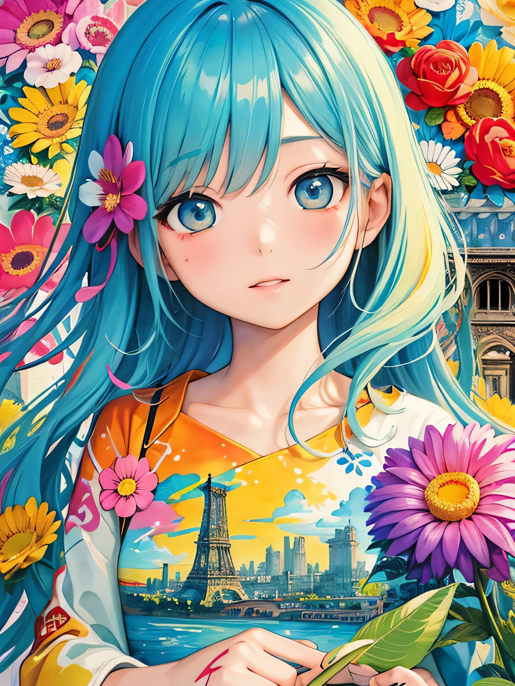 8K quality, Takashi murakami'illustration of, intense watercolor, watercolor detailed art, watercolor splash, surreal, avant-garde pop art, Beautiful and expressive paintings, 美しいアートワークillustration of, very colorful tones, wonderful, cool beauty, highest quality,official art, vector art,stylish design, ((most beautiful girl ever))), (((highest quality))), HDR, ((Detailed details)), (((graffiti art))), ((masterpiece))、((Super detailed))、(((colorful flowers)))、(((Paris cityscape)))