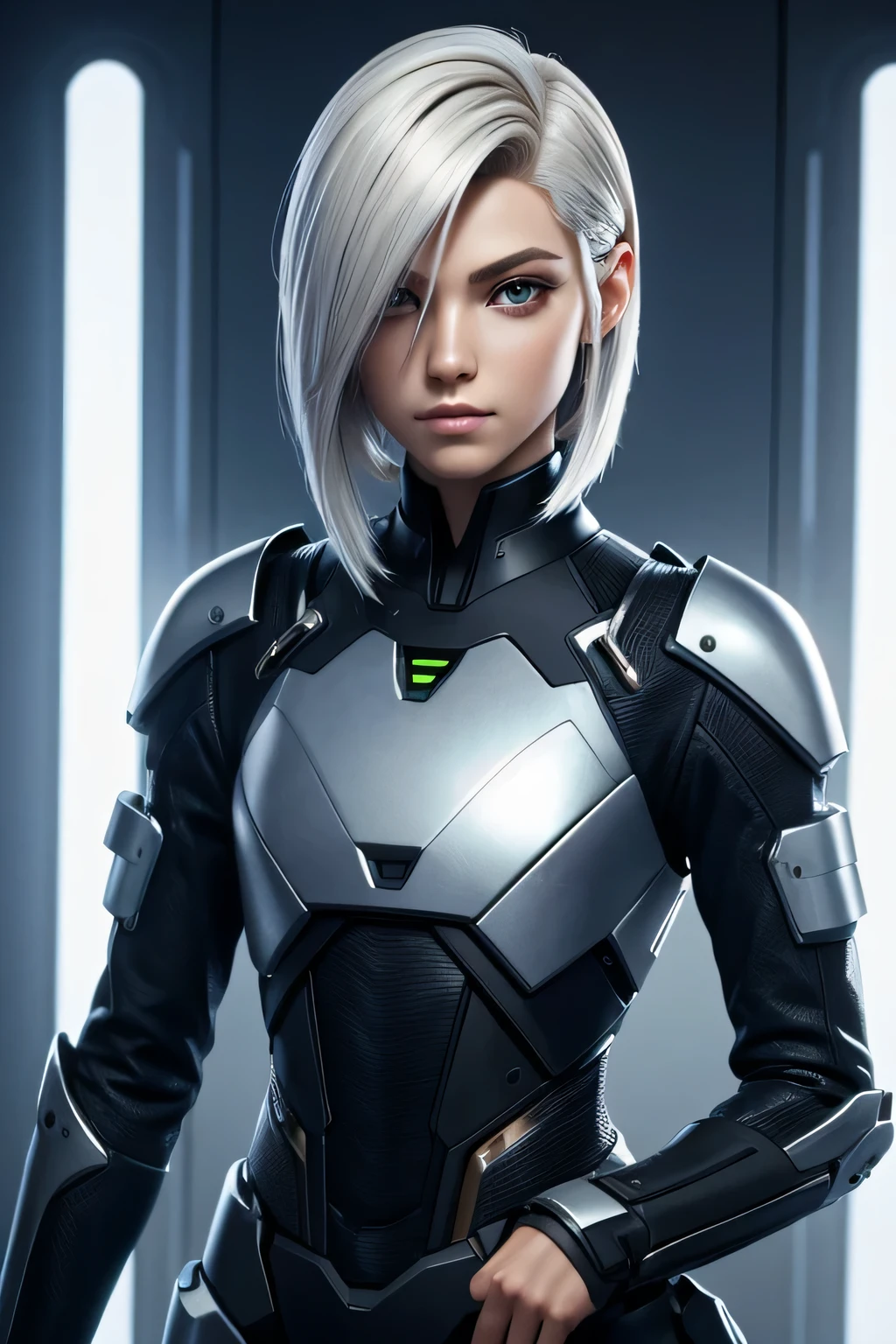 An android with androgynous human characteristics. cabelo platina comprido com as pontas enroladaa. roupas pretas compridas e apertadas.