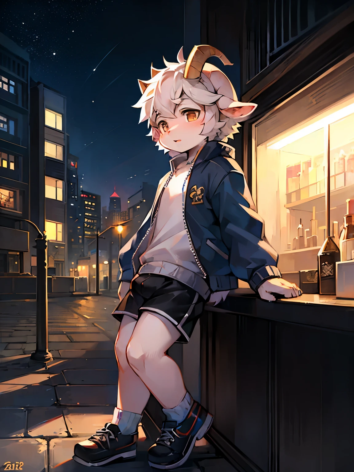 Bright day outside,Goat Boy,goat horns,male focus,furry men,Cute appearance,short stature,Characteristics of a three-year-old boy,Short sleeves with jacket,shorts,city bright background