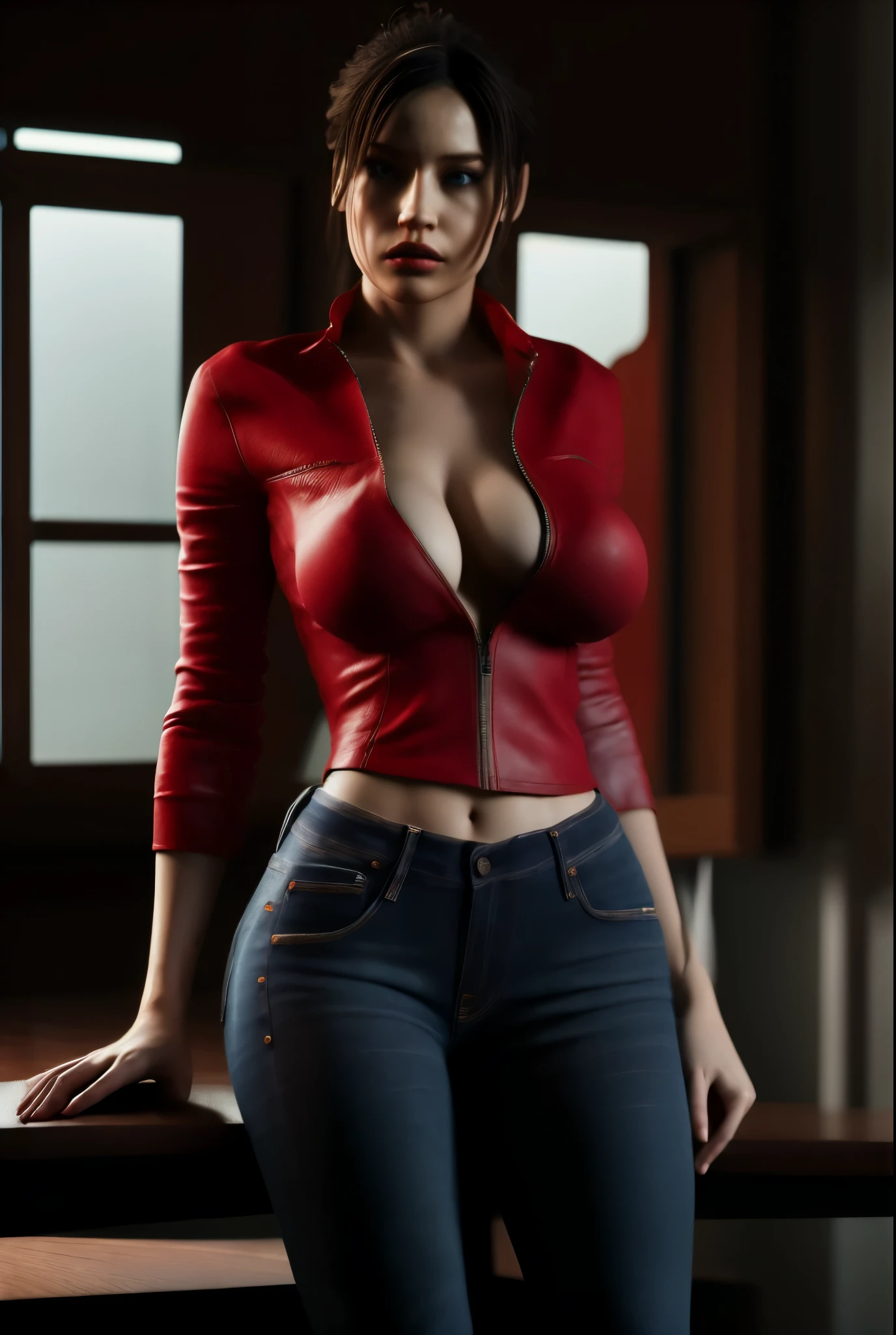 (masterpiece, best quality), 1girl,     claireredfield2, breast, wear jeans