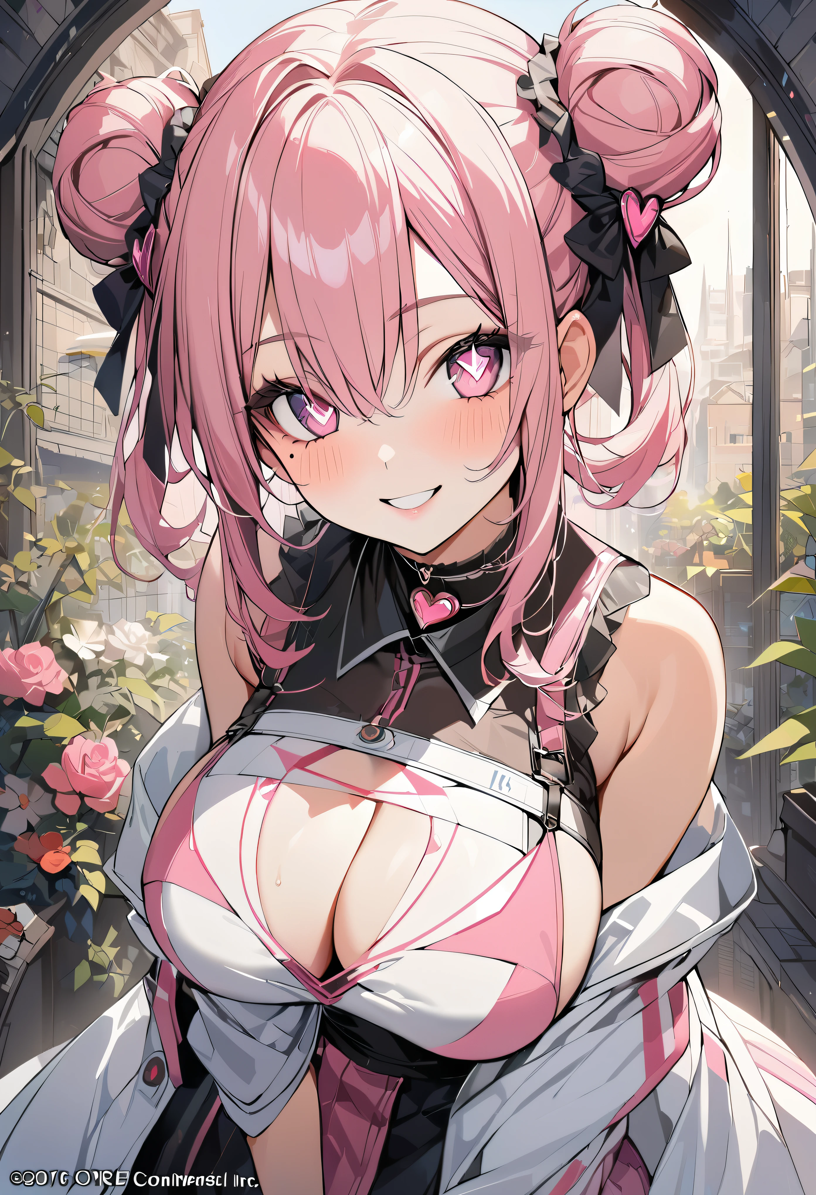 1 girl, pink long bun hair, Symbol-shaped eyes, +_+, big breasts, brother type uniform, {girl with pink long bun hair named Nami}, (Pink eye color), {downtown}, (smile), bright background , mole under eye, heart shaped choker, (masterpiece, highest quality), very detailed, highest quality, official art, beautiful and aesthetic: 1.2), (1 girl), very detailed, (geometry art: 1.3), colorful, most detailed ?d1 girl, pink long bun hair, Eye of the symbol, +__+, big breasts, gothic costume, {A girl with long pink bun hair named Nami}, (Pink eye color), {downtown}, (smile), bright background, （garden,beautiful flower々）,mole under eye, heart shaped choker, (masterpiece, highest quality), official art, beautiful and aesthetic: 1.2), (1 girl), very detailed, (geometry art: 1.3), colorful