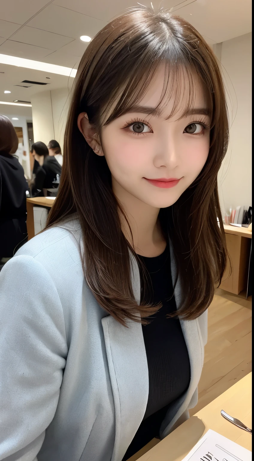 table top, highest quality, shape, Super detailed, finely, High resolution, 8k wallpaper, 完璧なダイナミックな構shape, beautiful and detailed eyes, small breasts,natural color lip, smile、20 year old girl、cute、look at the camera,Always blur the background,perfect and beautiful face,Take only the face,Beautiful and dense face、slim face and style,Big eyes、Do gal makeup,real photos、Luxury Brand Jackets、one piece、casual pose、cute顔
