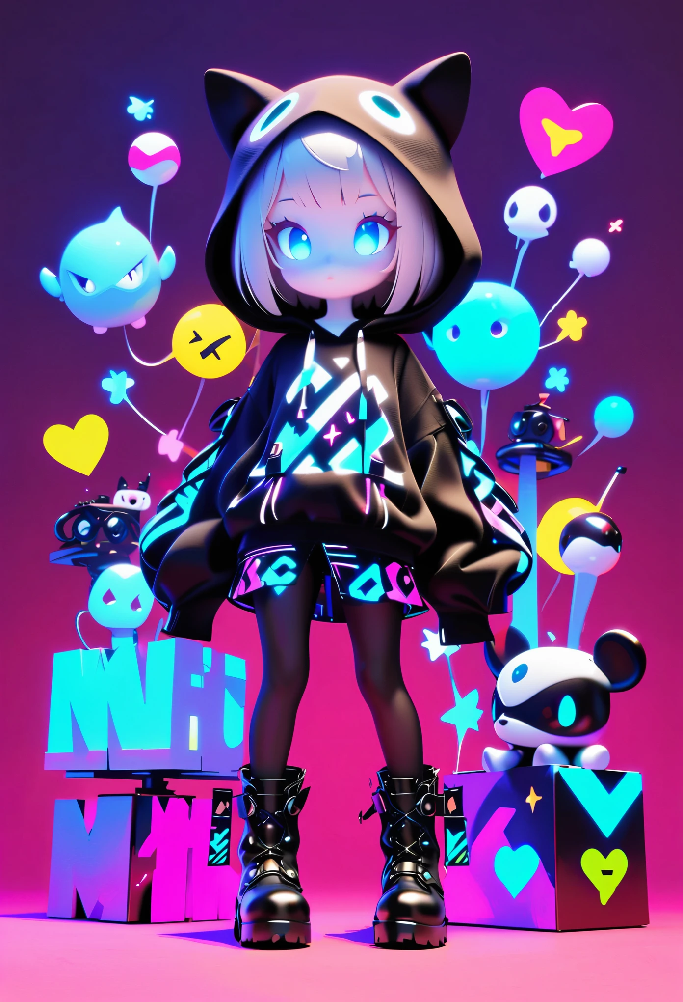 style7,1girl,hood,boots,pantyhose,sleeves past wrists,black footwear,blue eyes