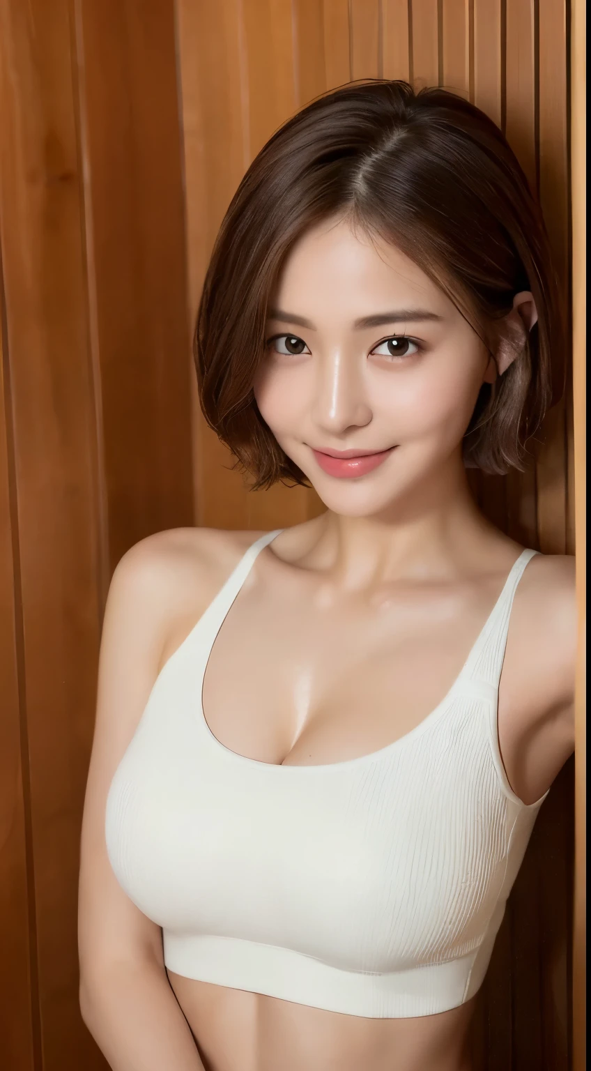 ((highest quality、8K、masterpiece:1.3))、1 girl、The beauty of slim abs:1.3、(brown hair short cut、big breasts)、White tube top:2.0、super fine face、delicate eyes、double eyelid、laughter、sauna room、sweating:2.0、Raw photo