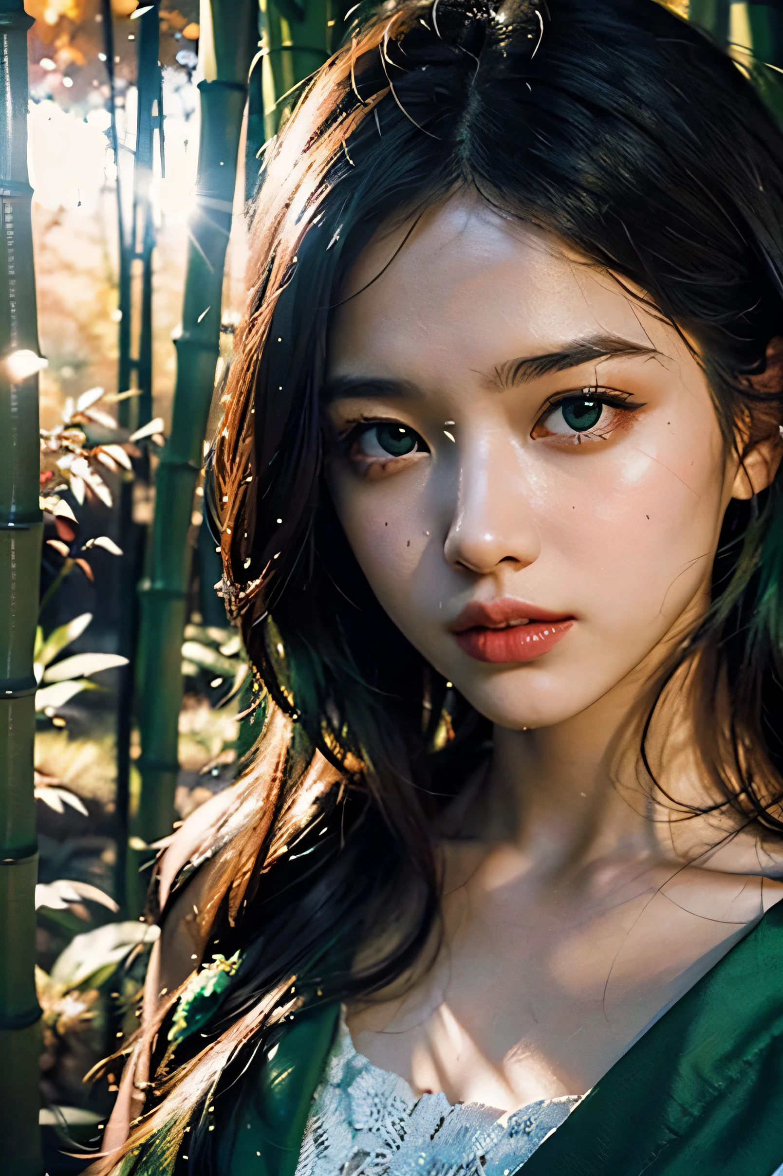 A beautiful and delicate girl, Clear and beautiful, focus on the character, radiant skin, Miss, 20 years old, ((长long绿色hair：2))，beautiful green glass hair， ((Japanese style shrine clothing, metal armor）) ，((Autumnal，Green bamboo forest))，Beautiful details, cold face, cold expression,mature skin, Very good 8KCG wallpaper, official art， super detailed， Beauty and Aesthetics， masterpiece， best quality， （zen entanglement， Tangled），（fallen flowers：1.2）， dynamic poses，绿色飘逸的hair，Classical era，（"ancient rome" theme：1.1），meteor，starry sky，Milky Way，（original photo，best quality），（realistically，Real shot：1.3），best quality，Very detailed，masterpiece，Super detailed，Enlightenment，Body的上半部分_Body，dynamic angle，世界masterpiece剧院，messy_long_hair，best quality，Extremely detailed CG unity 8k wal，ink，Astonishing，movie lighting，lens_flare，
