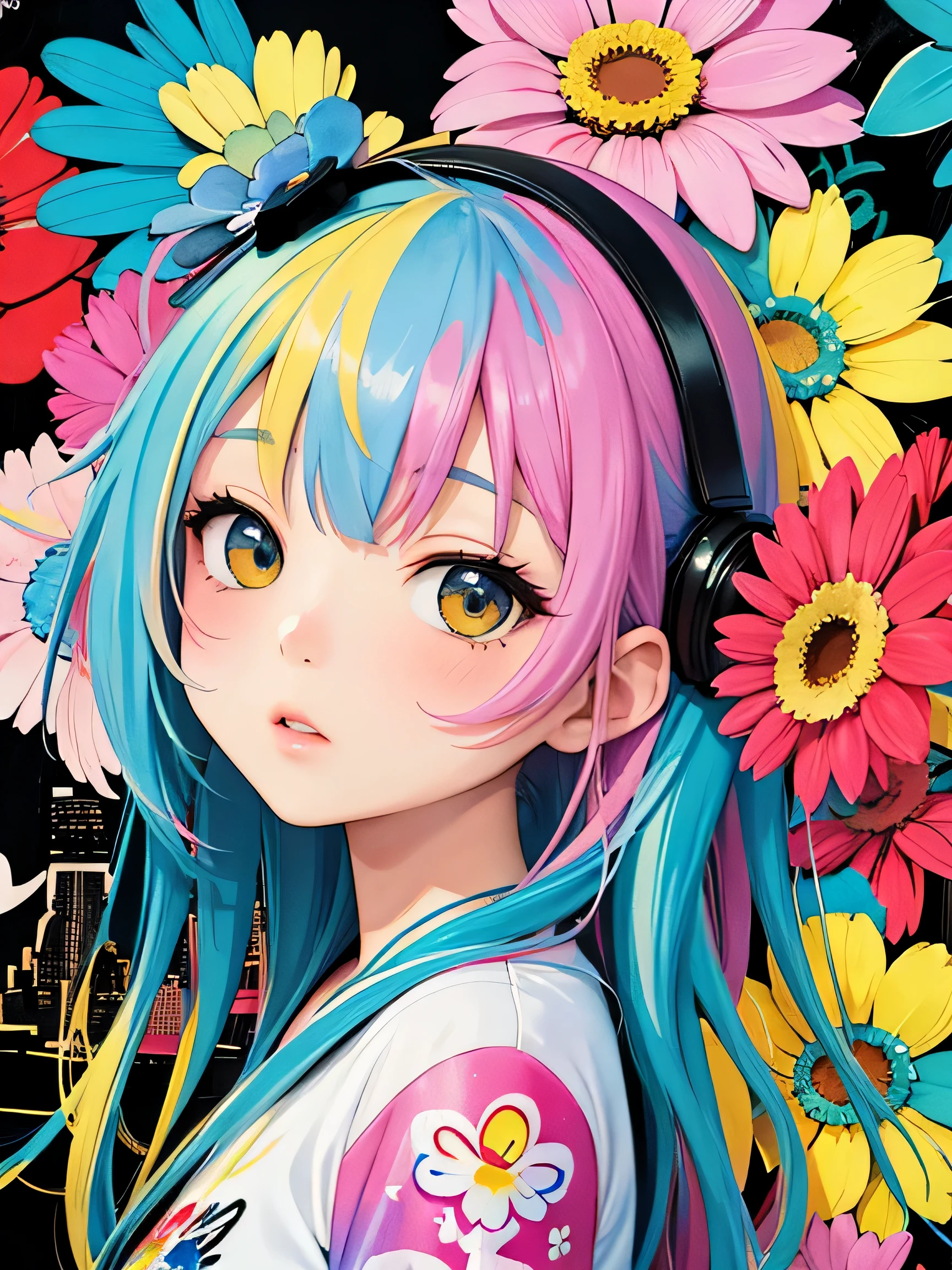 8K quality, Takashi Murakami style, intense watercolor, watercolor detailed art, watercolor splash, surreal, avant-garde pop art, Beautiful and expressive paintings, Beautiful artwork illustration, very colorful tones, wonderful, cool beauty, highest quality,official art, vector art,stylish design, ((most beautiful girl ever))), (((highest quality))), HDR, ((Detailed details)), (((graffiti art))), ((masterpiece))、((Super detailed))、(((colorful flowers)))、(((new york cityscape)))