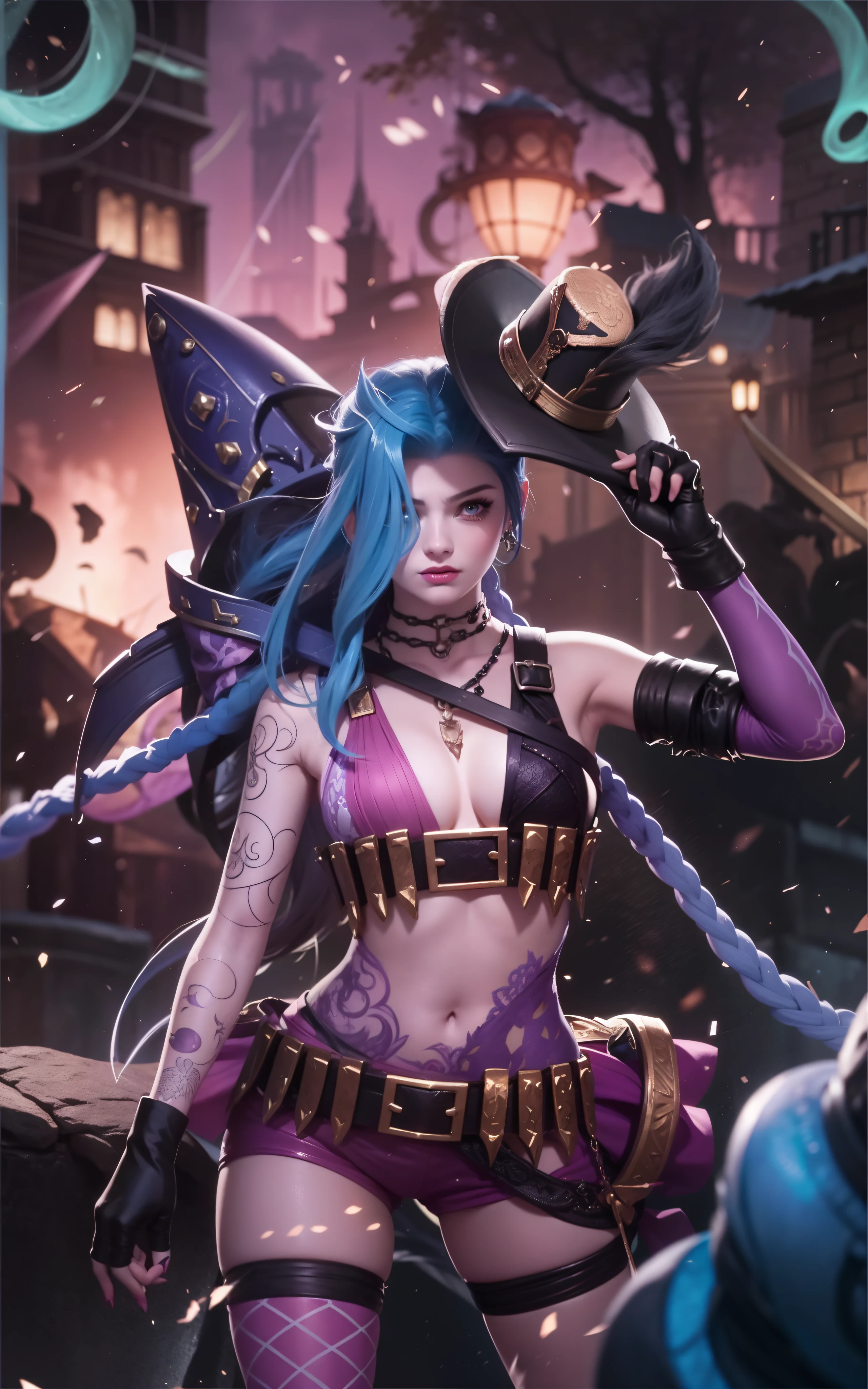Close-up of woman wearing hat and sword, olympic jinx, portrait of Curse from the arcane, Jinx in League of Legends, Curse from the arcane, Samira in League of Legends, Very detailed artgerm, League of legends characters, Cursing emoticons, Ross Drews and Jazz, detail, I hate you, cursed face