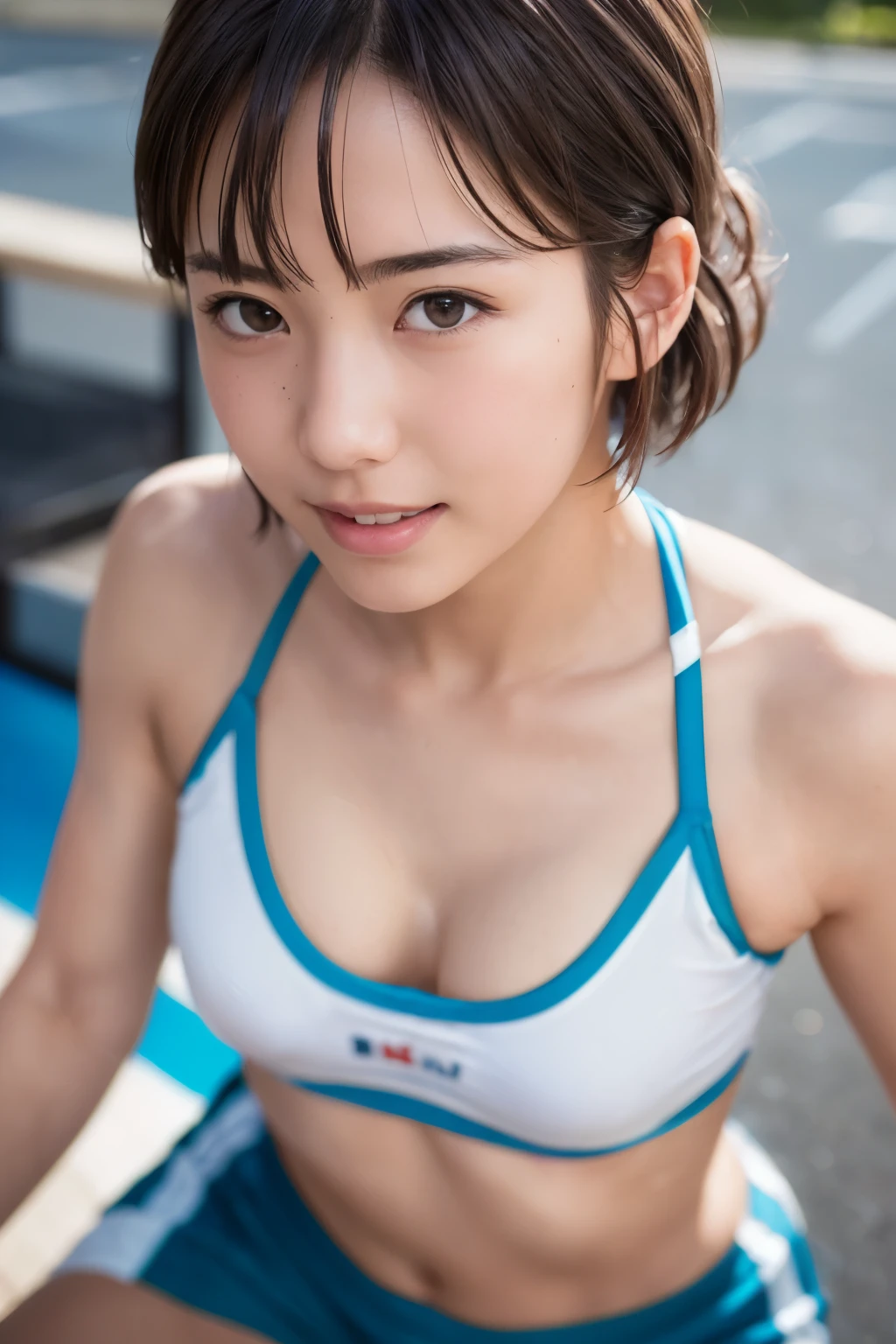 (masterpiece: 1.3), (8K, realistic, RAW photo, highest quality: 1.4), Japanese high school girl, (random hairstyle: 1.2), micro bikini: 1.2, super detailed face, eye for details, double eyelid, lean forward towards the chest, sharp focus: 1.2, cute woman: 1.4, light brown hair, highest quality, masterpiece, ultra high resolution, (realistic:1.4), Highly detailed and professionally lit smiles, playground background, athlete stretching, tight white crop top, light blue racing shorts, shiny sweat, , thin, serious expression, short hair, muscular thighs, thin eyes, 引き締まったthinウエスト