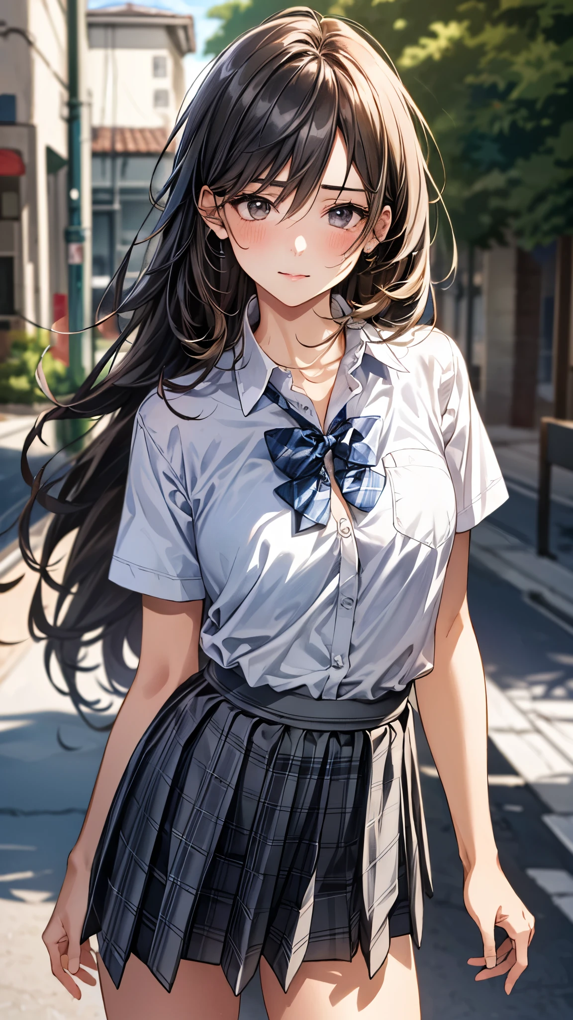 (masterpiece:1.3, top-quality, ultra high res, ultra detailed), (realistic, photorealistic:1.4), beautiful illustration, perfect lighting, natural lighting, colorful, depth of fields,
looking at viewer, full body, 1 girl, japanese, high school girl, perfect face, (perfect anatomy), cute and symmetrical face, baby face, shiny skin, ,
(long hair:1.5, straight hair:1.5, blown hair), bangs, hair between eyes, black eyes, long eye lasher, (large breasts:0.8),
beautiful hair, beautiful face, beautiful detailed eyes, beautiful clavicle, beautiful body, beautiful chest, beautiful thigh, beautiful legs, beautiful fingers,
((collared short sleeve shirt, white shirt, gray plaid pleated skirt, blue plaid bow tie)), white panties,
(beautiful scenery), day time, (downtown), standing, (lift the skirt, grab the hem of the skirt, put your hand on your chest, hand between legs), blush,