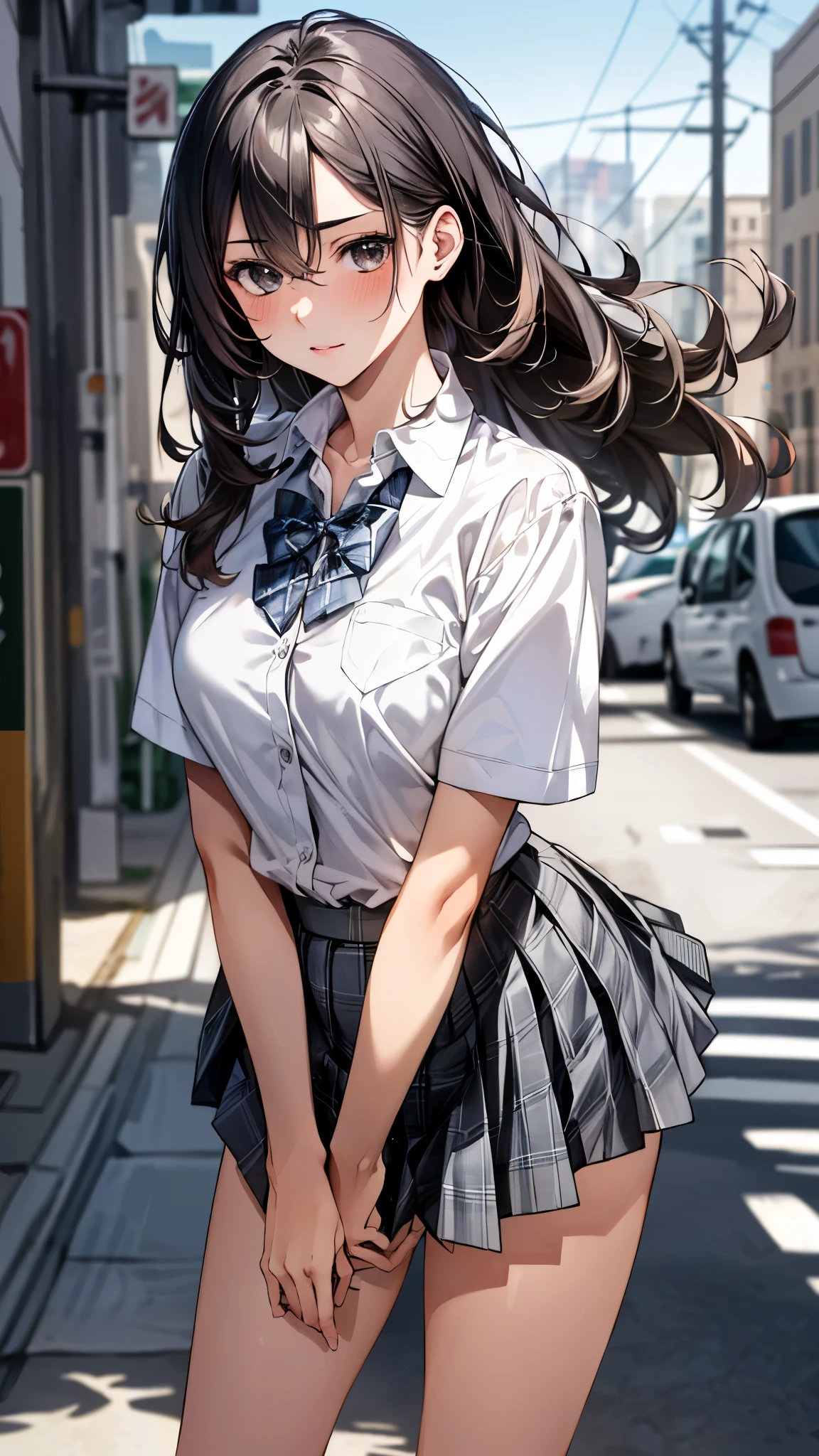 (masterpiece:1.3, top-quality, ultra high res, ultra detailed), (realistic, photorealistic:1.4), beautiful illustration, perfect lighting, natural lighting, colorful, depth of fields, 
looking at viewer, full body, 1 girl, japanese, high school girl, perfect face, (perfect anatomy), cute and symmetrical face, baby face, shiny skin, , 
(long hair:1.5, straight hair:1.5, blown hair), bangs, hair between eyes, black eyes, long eye lasher, (large breasts:0.8), 
beautiful hair, beautiful face, beautiful detailed eyes, beautiful clavicle, beautiful body, beautiful chest, beautiful thigh, beautiful legs, beautiful fingers, 
((collared short sleeve shirt, white shirt, gray plaid pleated skirt, blue plaid bow tie)), white panties, 
(beautiful scenery), day time, (downtown), standing, (lift the skirt, grab the hem of the skirt, put your hand on your chest, hand between legs), blush, 