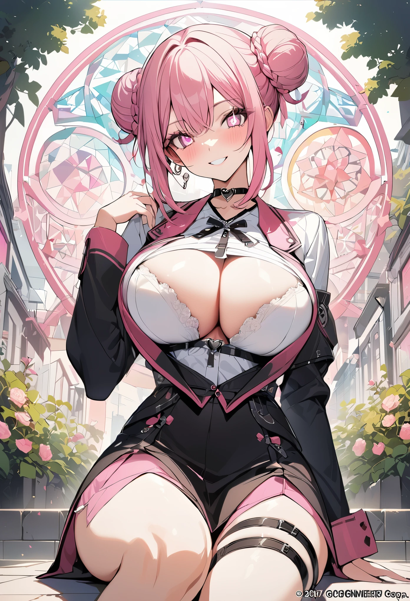 1 girl, pink long bun hair, Symbol-shaped eyes, +_+, big breasts, blazer type uniform, {girl with pink long bun hair named Nami}, (Pink eye color), {downtown}, (smile), bright background , mole under eye, heart shaped choker, (masterpiece, highest quality), very detailed, highest quality, official art, beautiful and aesthetic: 1.2), (1 girl), very detailed, (geometry art: 1.3), colorful, most detailed ?d1 girl, pink long bun hair, Eye of the symbol, +__+, big breasts, gothic costume, {A girl with long pink bun hair named Nami}, (Pink eye color), {downtown}, (smile), bright background, (garden,beautiful flowers々),mole under eye, heart shaped choker, (masterpiece, highest quality), official art, beautiful and aesthetic: 1.2), (1 girl), very detailed, (geometry art: 1.3), colorful