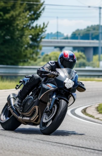 best quality, detailed, beautiful, insanely detailed, absurdres,perfect anatomy, Two racer replica motorcycles speeding down the highway, Japanese woman,black hair,27 years old, (slender), (small breasts),