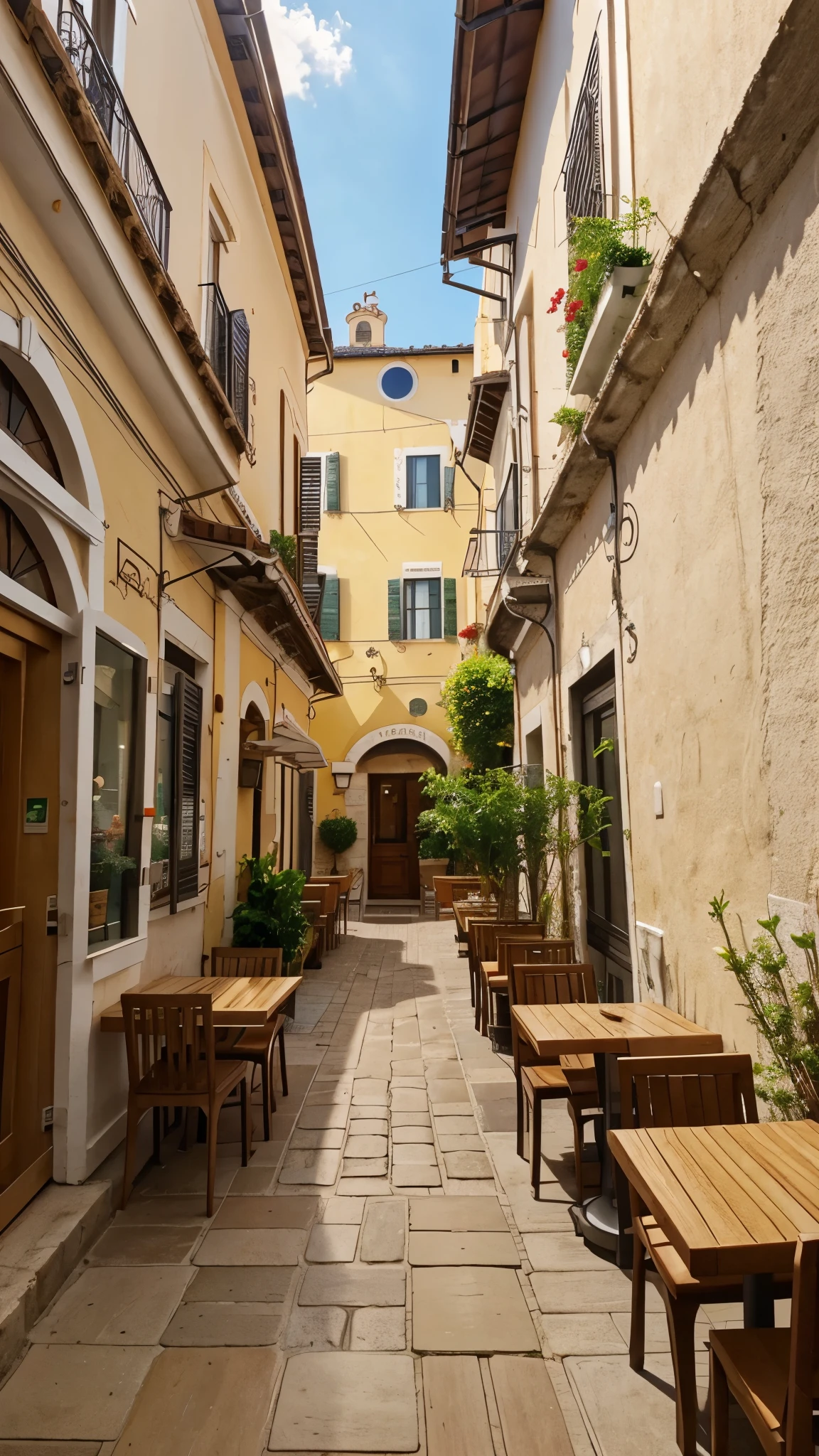 photo of pasta bolognese in open terrace oа italian cafe from first person view