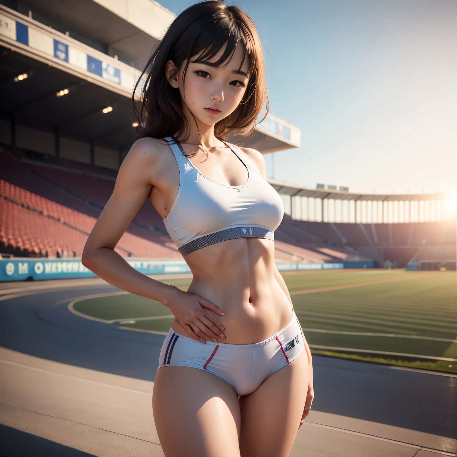 ultra high resolution photos、Accurate depiction of the human body、sunlight、Full body Esbian、Athletics、young girl、"Photographed alone"、With the athletics stadium in the background、very accurate super young girl、very, very young face、"small sports bra for exercise"、"Crotch exposed「open crotch」bloomers"、"The hips are exposed"、"extremely small breasts"、"very young short girl"、Sweat、Climax、Cumming face、pleasure