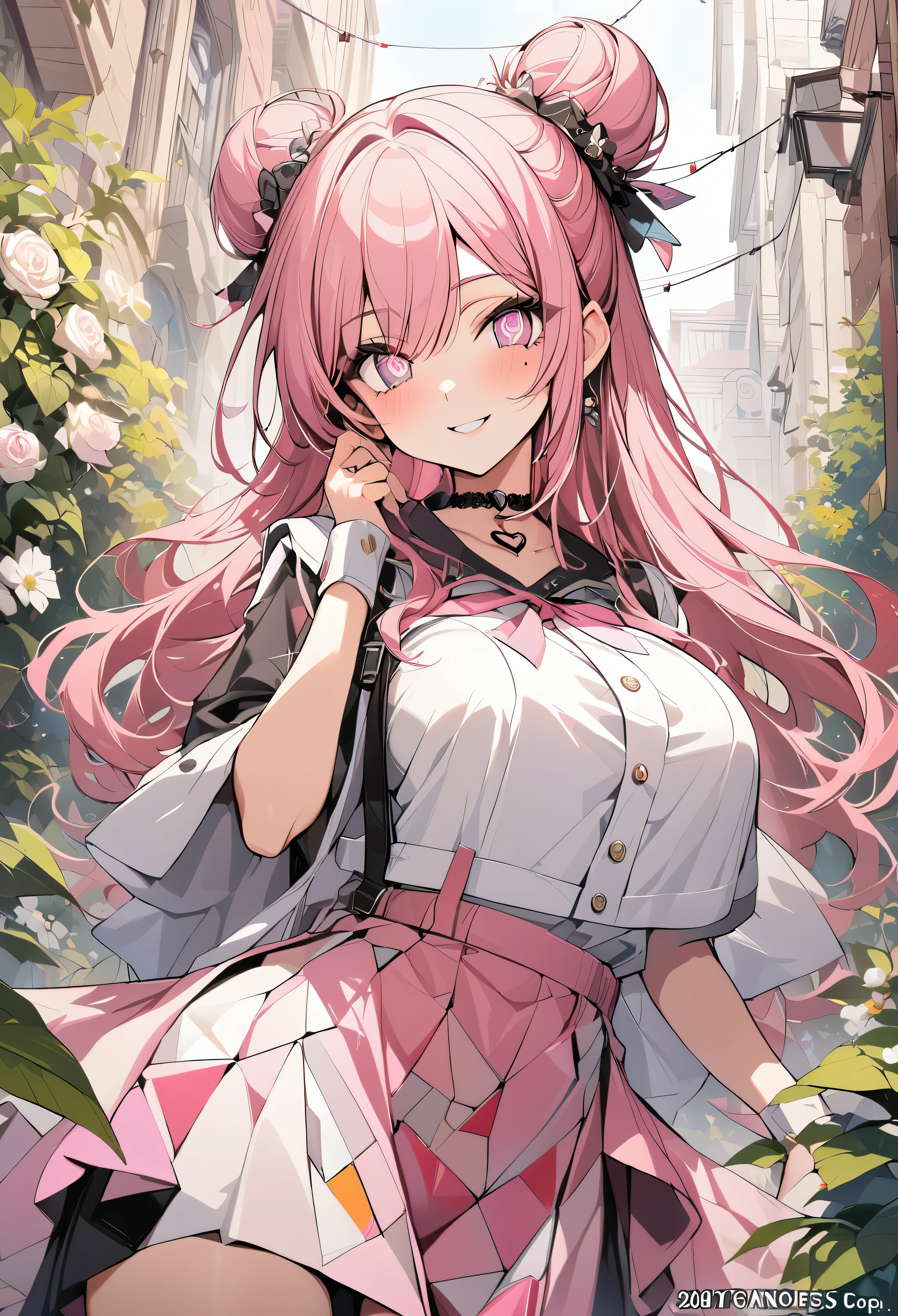 1 girl, pink long bun hair, Symbol-shaped eyes, +_+, big breasts, brother type uniform, {girl with pink long bun hair named Nami}, (Pink eye color), {downtown}, (smile), bright background , mole under eye, heart shaped choker, (masterpiece, highest quality), very detailed, highest quality, official art, beautiful and aesthetic: 1.2), (1 girl), very detailed, (geometry art: 1.3), colorful, most detailed ?d1 girl, pink long bun hair, Eye of the symbol, +__+, big breasts, gothic costume, {A girl with long pink bun hair named Nami}, (Pink eye color), {downtown}, (smile), bright background, (garden,beautiful flower々),mole under eye, heart shaped choker, (masterpiece, highest quality), official art, beautiful and aesthetic: 1.2), (1 girl), very detailed, (geometry art: 1.3), colorful