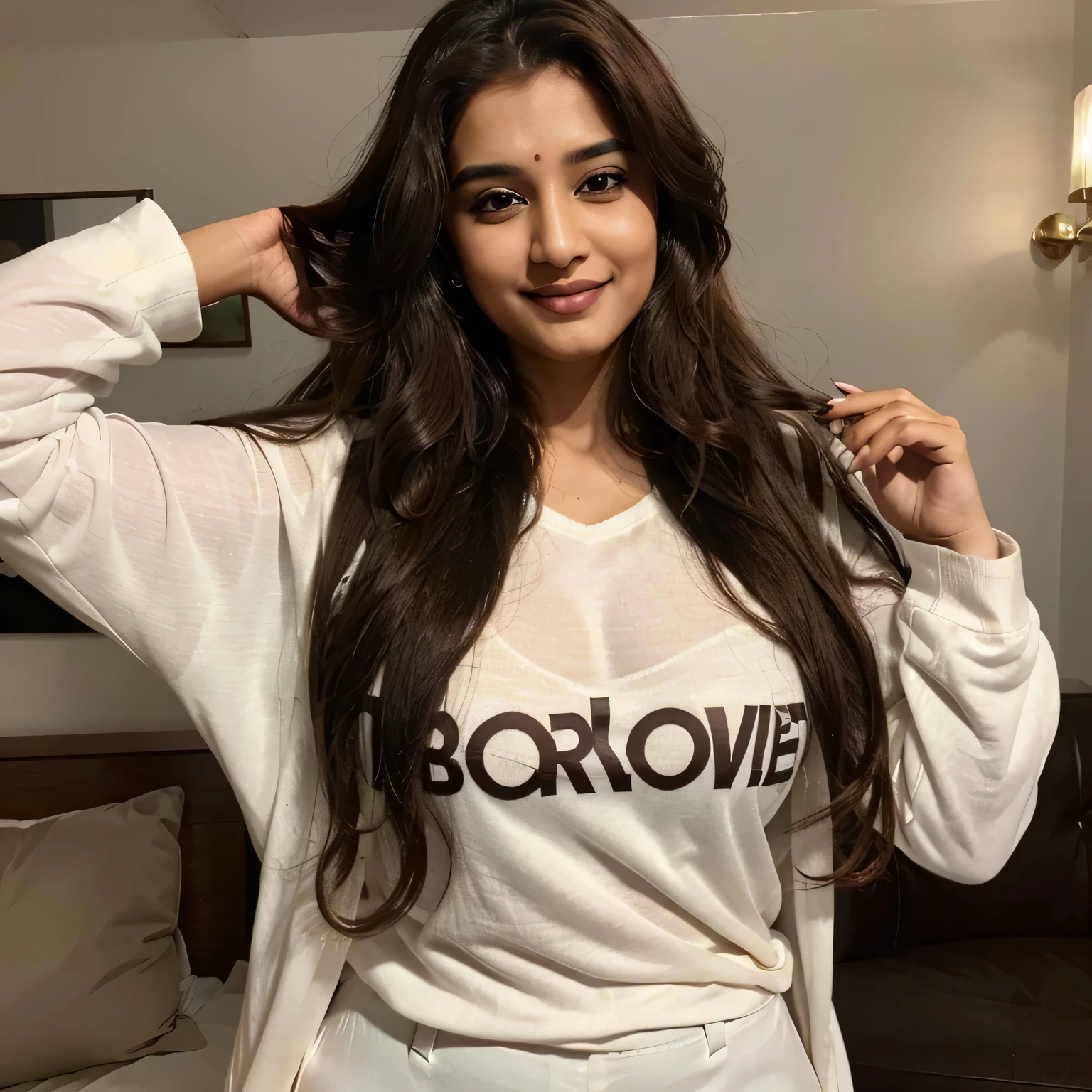 Shivaleeka Oberoi, smiling, voluptuous, cleavage, ((Brown lipstick)), long hair, brown hair, wavy hair, long-sleeved t-shirt, white t-shirt, formal pants,