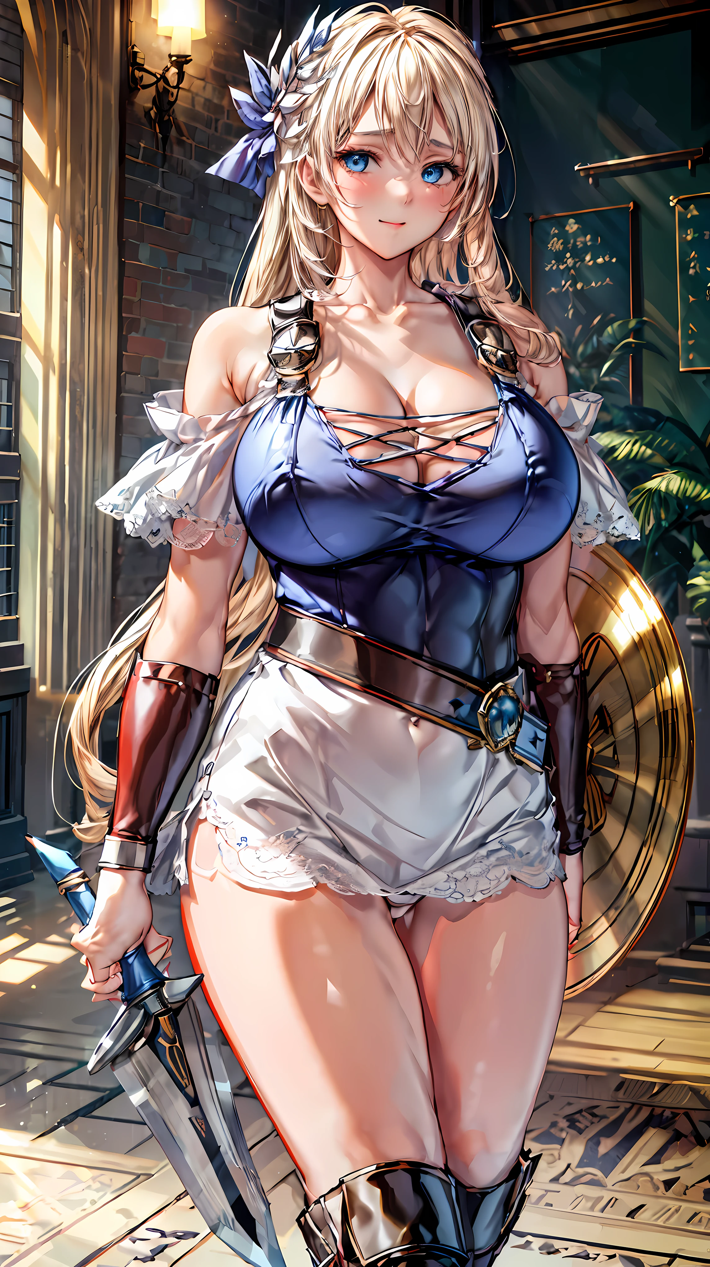 sensual, long blonde hair, thick thighs, 8K, 4k, highest quality, (High resolution:1.6), cute anime face, noise reduction, (shining blue eyes, gentle smile:1.3, kind eyes:1.3、:p)、toned abdominal muscles, muscular arms, muscular legs,  young face, anime eyes, Sophitia Alexandra、(holding a sword in the right hand:1.5)、(Equipped with a shield on the left arm:1.5)、(SFW huge body:1.9)、(beautiful nose:1.5)、long tights、knee high boots、garter belt、beautiful hands、beautiful fingers、school hallway、High leg cut thong