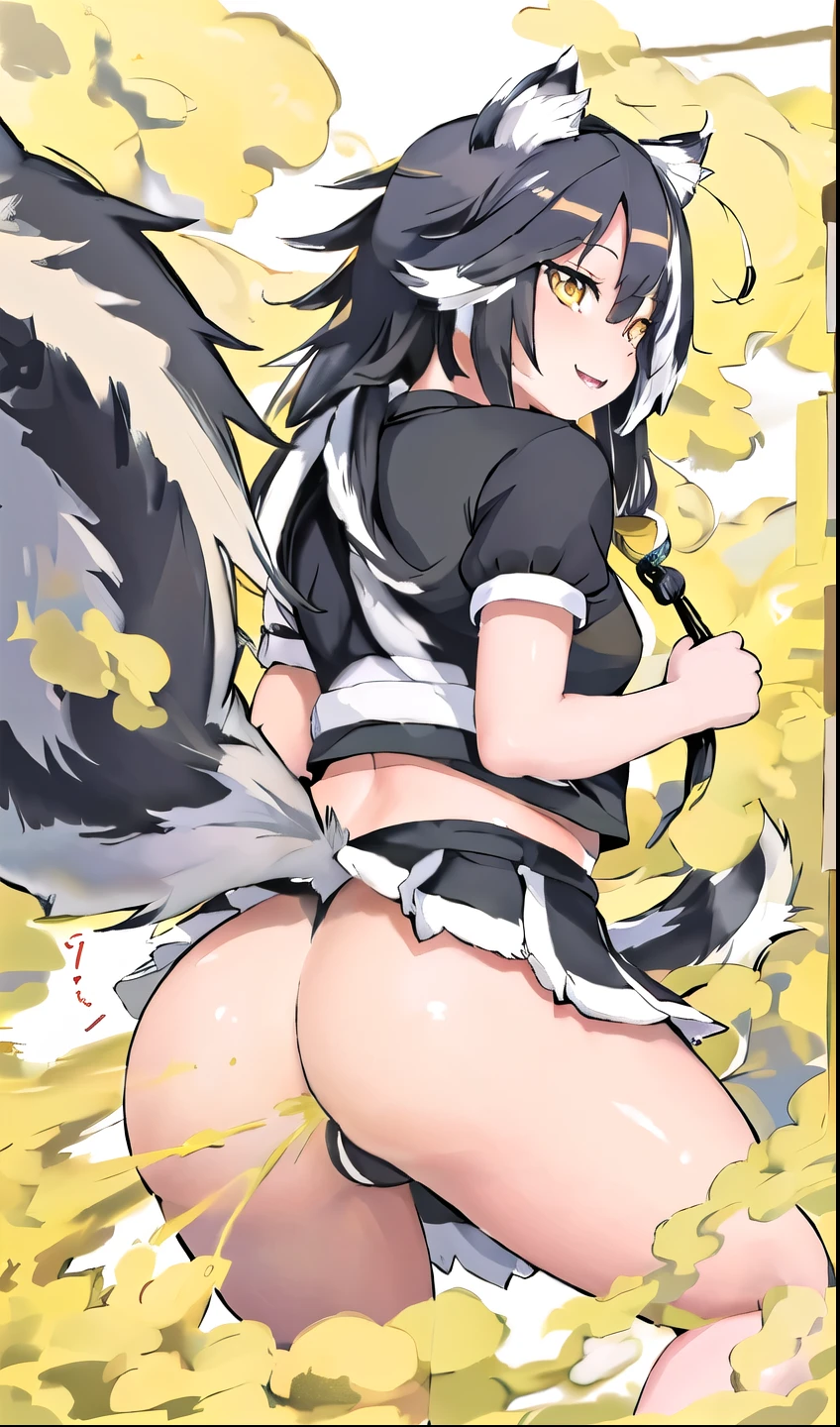 masterpiece, highest quality, (fart, farting, Yellow gas, 顔farting:1.3), ((お尻からのfart)), yellow smoke, (((skunk girl))), black hair, (((skunk tail))), (((big tail))), の上e tailed, (Skirt tail), animal ears