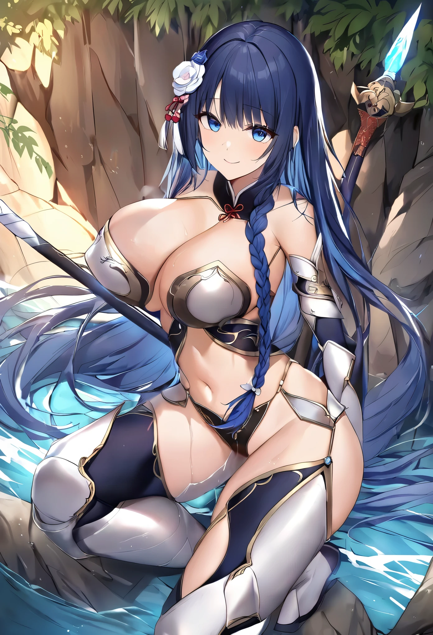 high quality、high resolution、big breasts、deep blue hair、(((one Braided long hair)))、blue eyes、cleavage、（Chinese style metal armor）、beautiful blue eyes in the waterfall water、kind、smile、((high leg armor)），long spear equipment