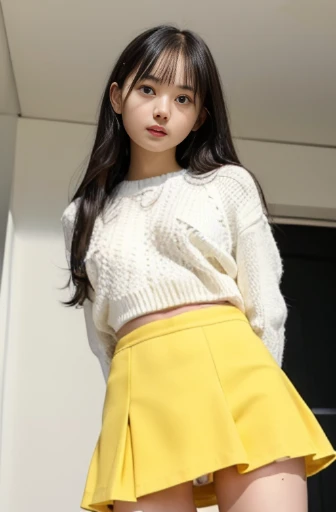best quality, detailed, beautiful, insanely detailed, absurdres,perfect anatomy,
Japanese woman,black hair,27 years old,
(slender),
(small breasts),nsfw,
standing, legs spread, hands on hips, curly hair, (white sweater), (yellow mini skirt), (panties are visible1.1), full body shot, (View from below:1.3)