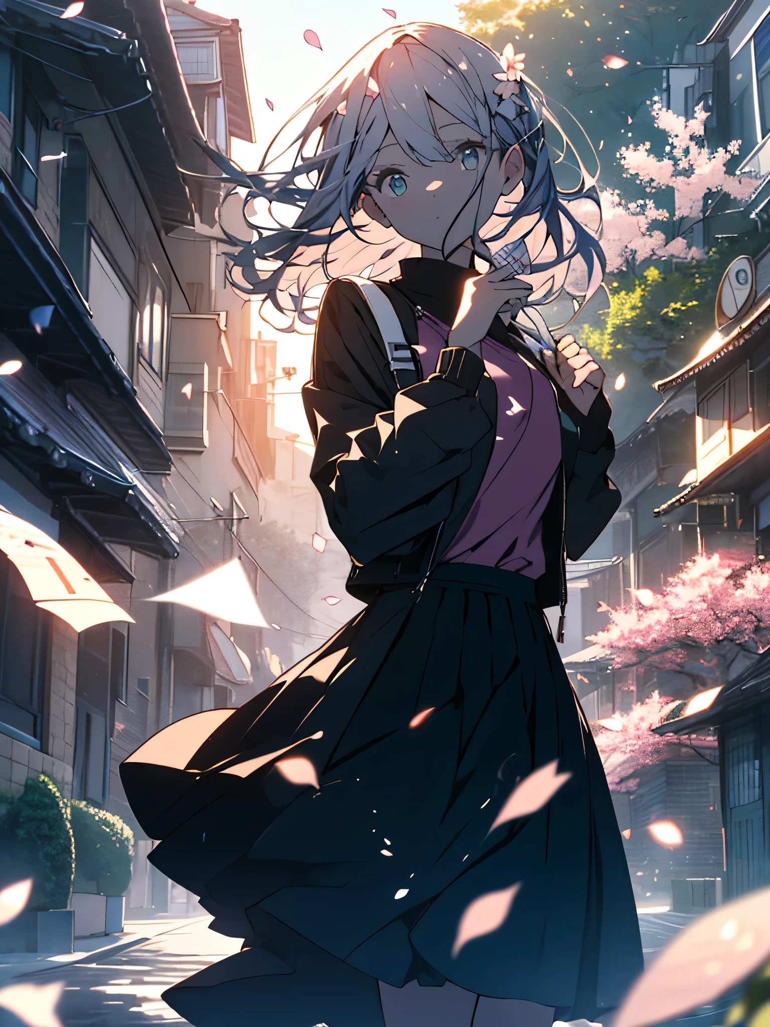 (highest quality、masterpiece、High resolution、be familiar with)、(shining eyes、be familiar with美しい顔)、A strong spring wind envelops the city、A high school girl's hair and skirt are dancing gracefully..。she has a bag in her hand、I quietly look at the cherry blossom petals dancing in the wind..。That number is、With the arrival of spring, it seems to signal the beginning of a new season..。The surrounding scenery is the same as her feelings.、filled with warm and soft light。(8K、dynamic angle)