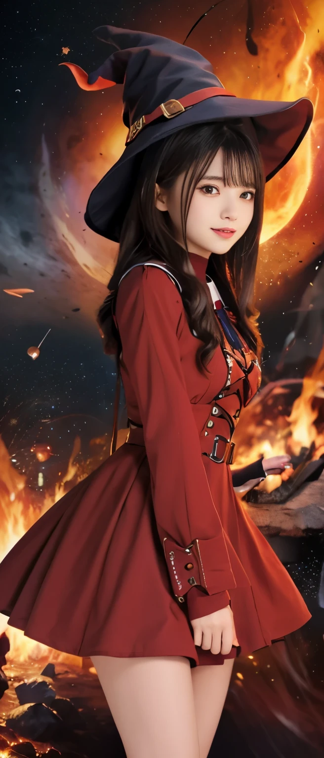 cool witch girl、whole body、good style、、、、、、、、handsome face、、red armor mini dress、、witch hat、Fire magic space