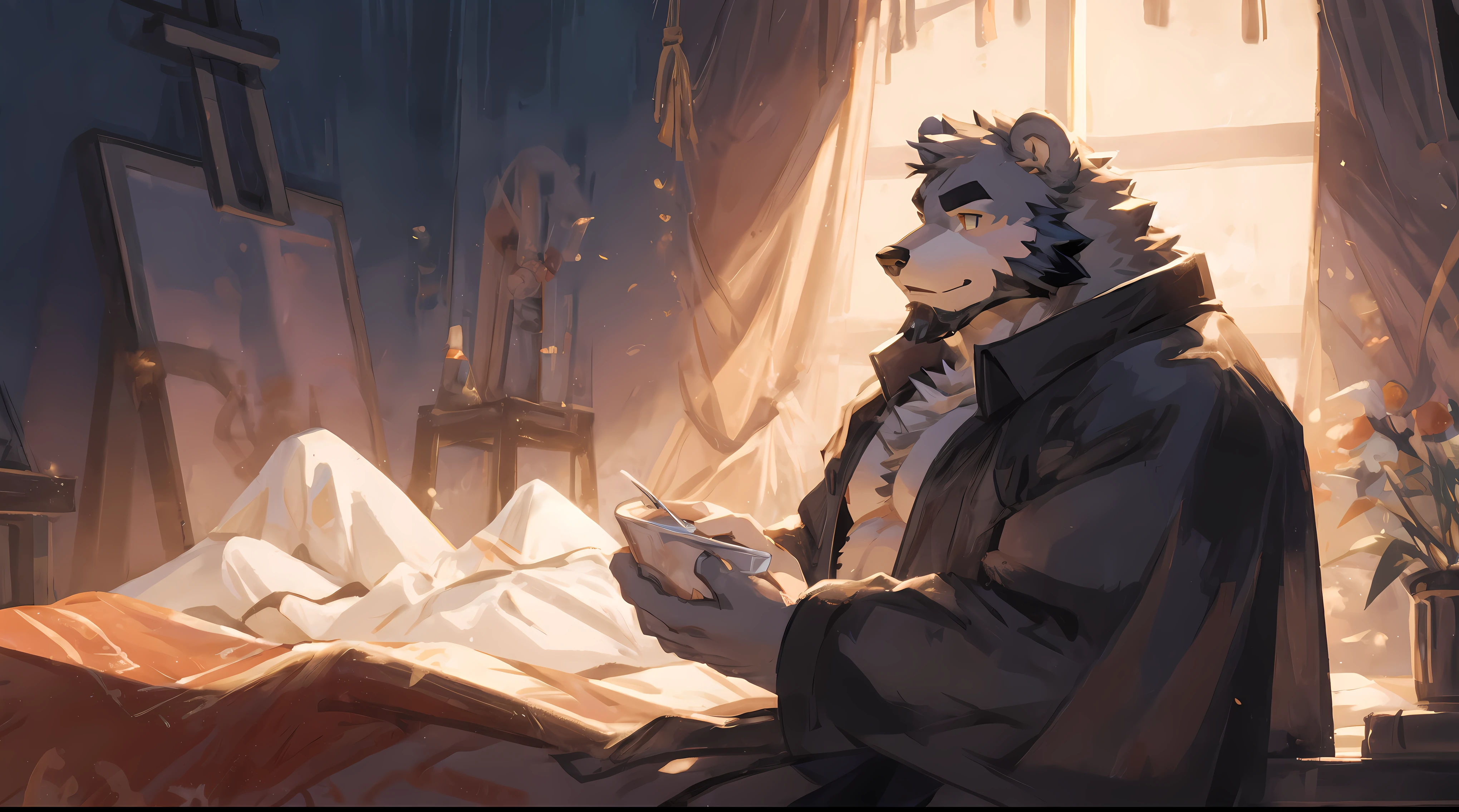(masterpiece:1.2), best quality,pixiv,official art,perfect anatomy, (Light线追踪, Light),alone, (1_male:1.3) , (muscle), (gray fur:1.4), (muscle bear), (beard:1.2), (闪闪发Light的金色眼睛), thick eyebrows, naked , blanket, bedroom, Lying in bed, french windows