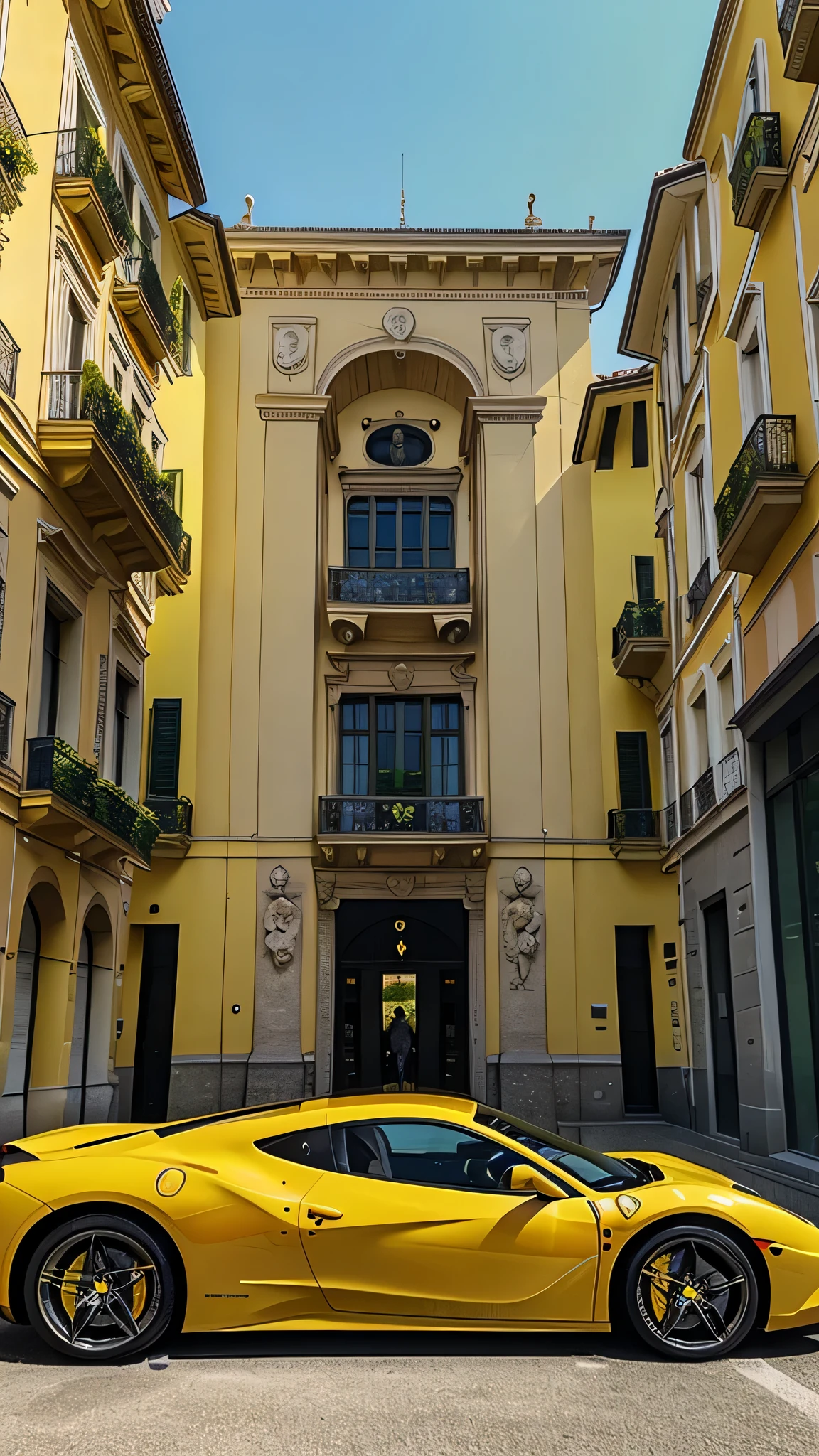 Photo of a yellow Ferrari supercar in Milan, Italy