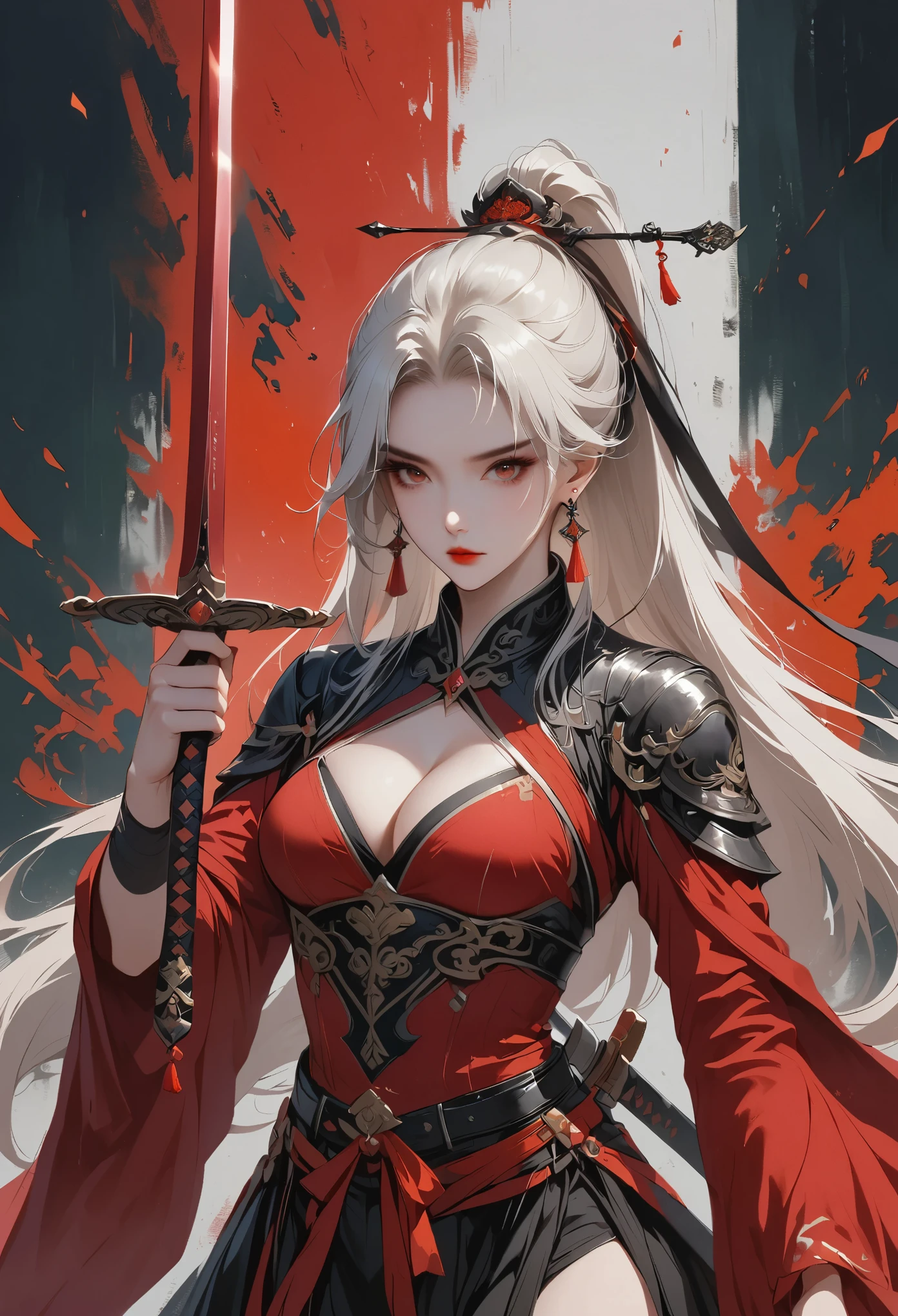 1girl, solo, long_hair, breasts, hair_ornament, red_eyes, dress, ribbon, holding, jewelry, upper_body, ponytail, weapon, white_hair, earrings, sword, holding_weapon, clothing_cutout, holding_sword, red_dress, cleavage_cutout, tassel,Correct human anatomy