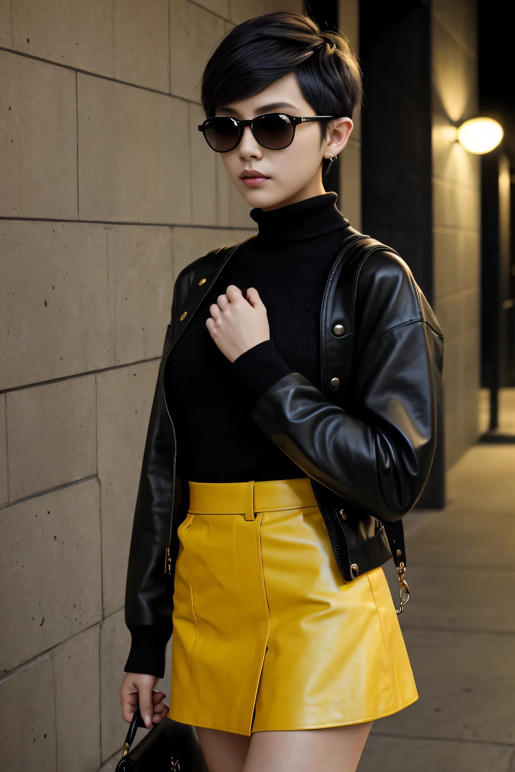 (thin:1.2), because I'thin, small breasts, woman, ((black pixie cut:1.2)), (dull bangs), 「Based on a black and yellow leather jacket、Choose one with red embroidery on the lining or cuffs.。With that、Pair it with a tight black skirt、Choose platform boots that suit your feet.。The tops are、Choose a simple black turtleneck sweater。As an accessory、Wear thick chain necklaces or leather bracelets、put sunglasses on your face。lastly、Carrying a monochrome backpack or shoulder bag、Tightens the overall coordination。」,(dim lighting),Building walls,morning silence,model pose,shot from below,night,night中