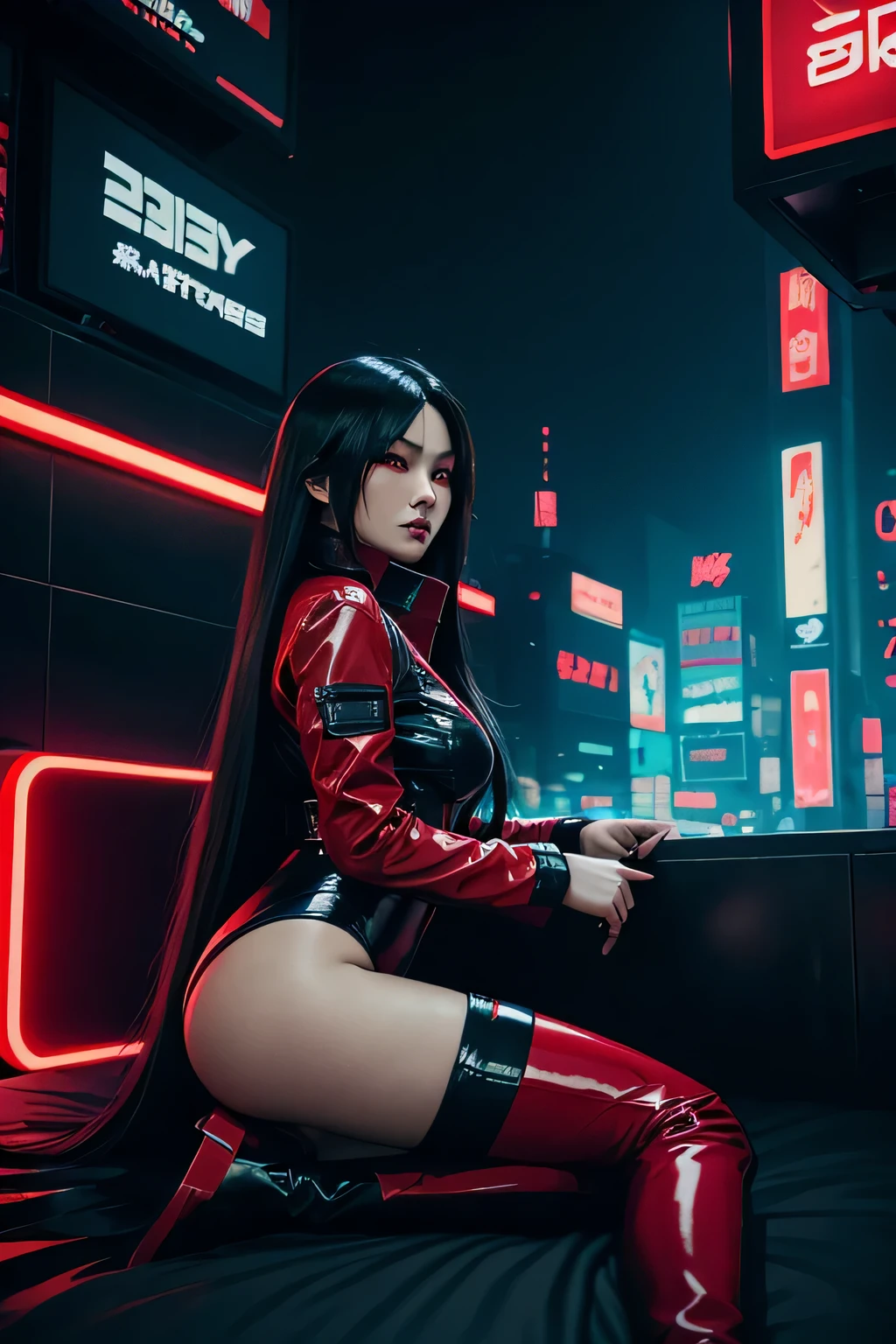 black long haired Asian woman with red pupils. pvc black clothing. leotard, red jacket, knee high boots. gothic theme, with neon lights. sinister character. in a cyberpunk setting. looking out at a giant city of lights. laying down on a bed