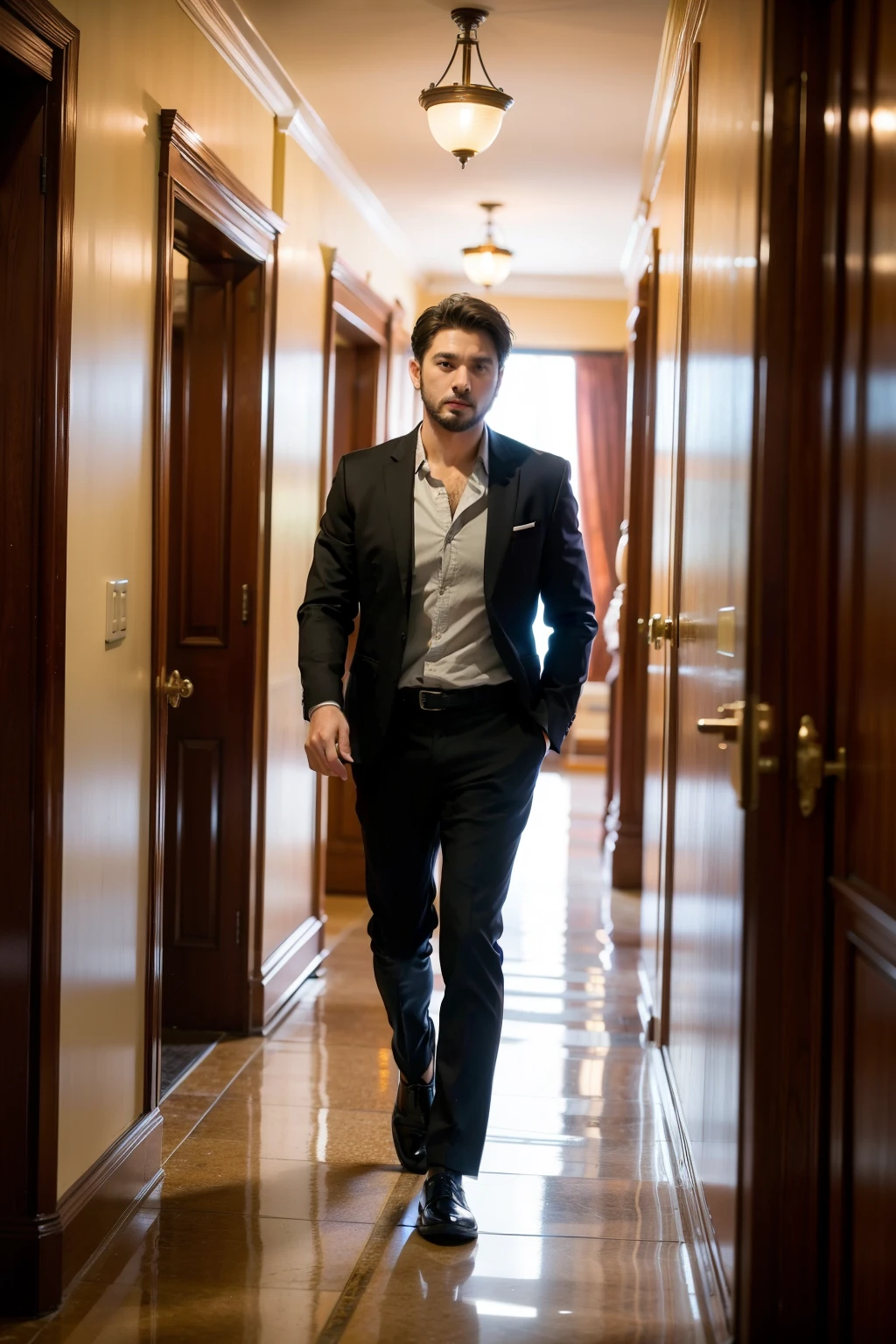 ((best quality)), ((masterpiece)), (detailed), The corridor opens and the man comes out