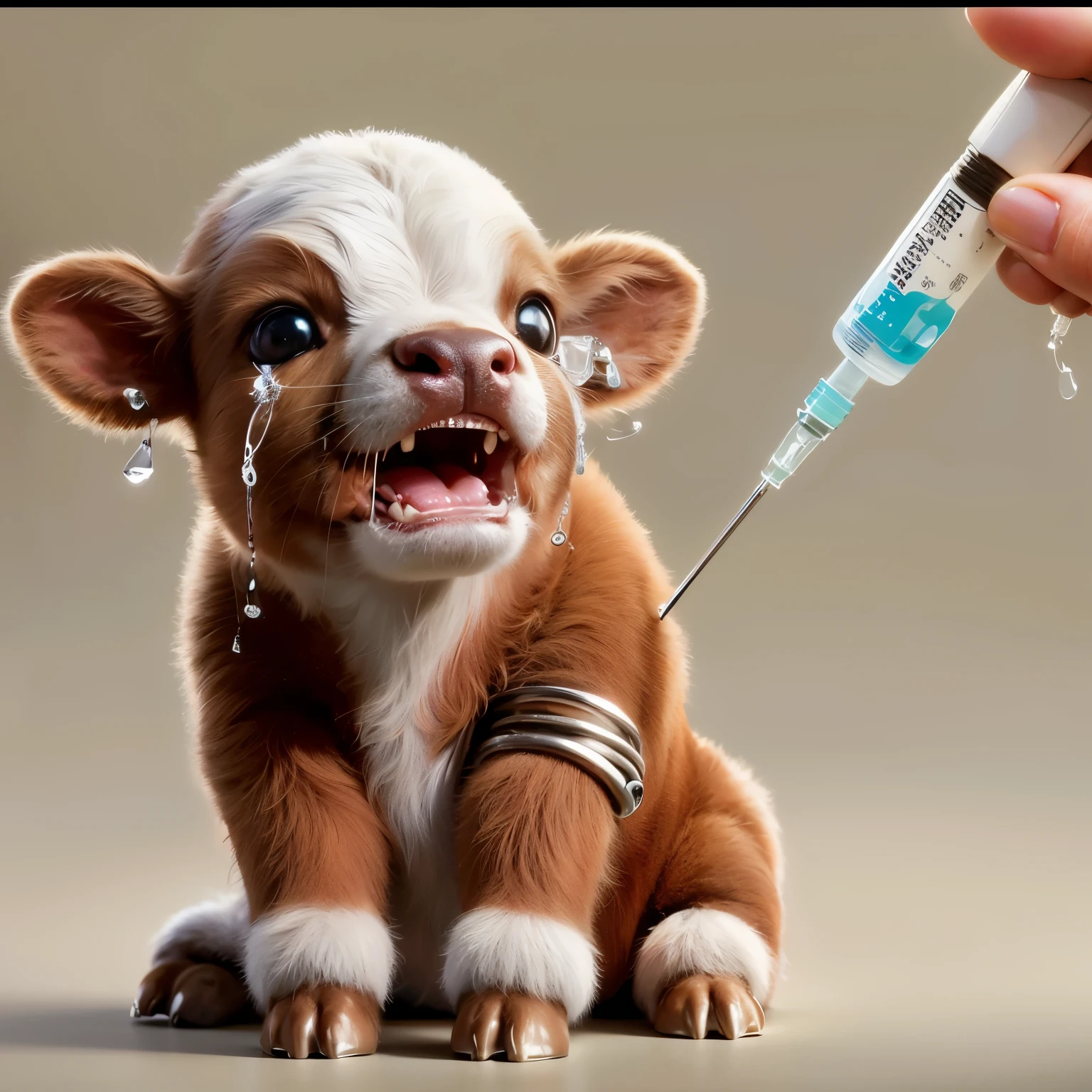 A calf is being vaccinated by syssor, Surreal 3D illustration, photo manipulation, cute numbers, hyperrealistic illustration, Surreal concept art, Hyper-realistic illustration, Super realistic picture, hyperrealistic illustration, Hyperrealistic computer graphics images, Lovely 3D rendering, Amazing computer generated, Lovely and detailed digital art, creative photo manipulation, Realistic CGI