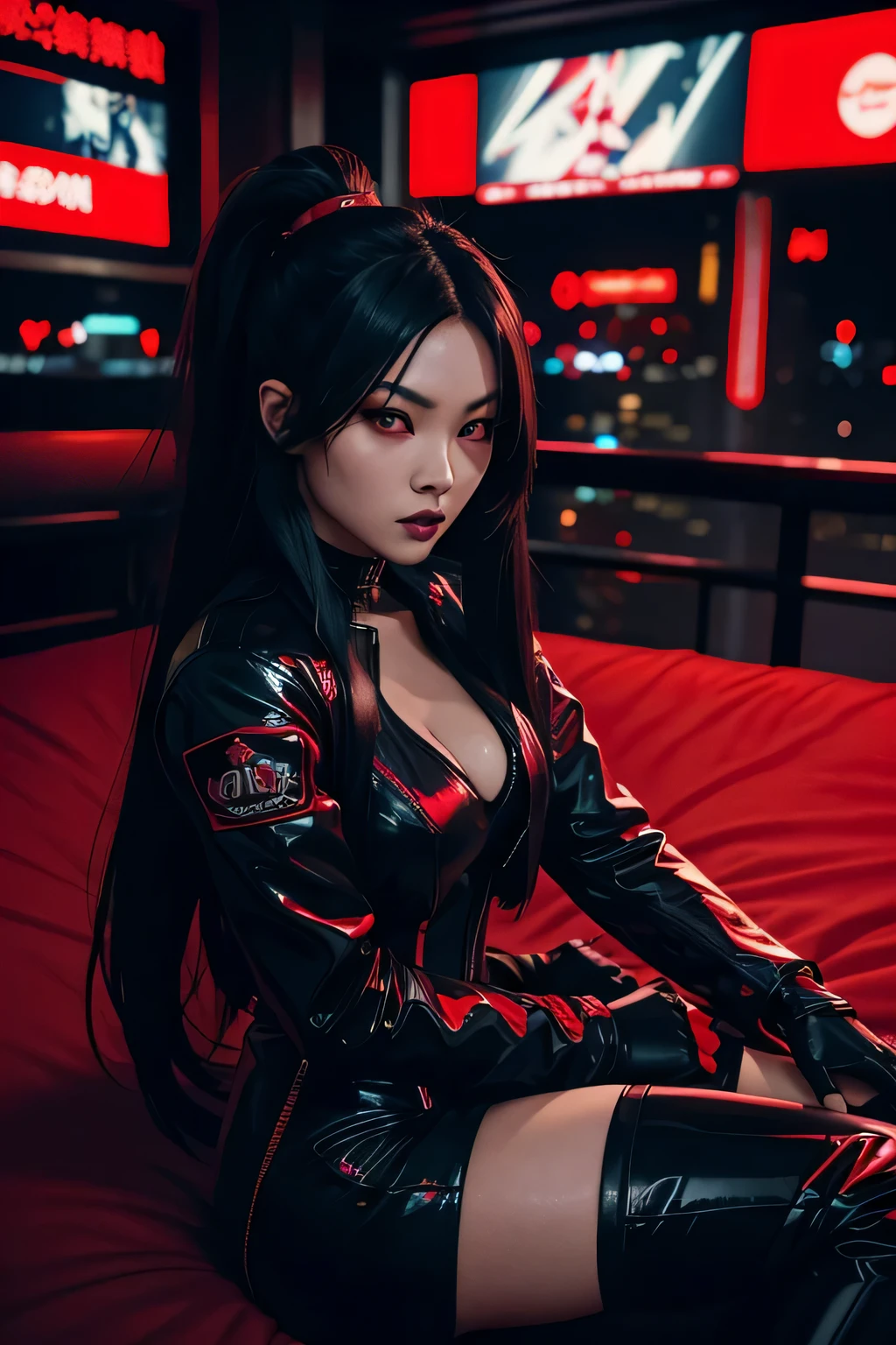 black long haired Asian woman with red pupils. pvc black clothing. leotard, red jacket, knee high boots. gothic theme, with neon lights. sinister character. in a cyberpunk setting. looking out at a giant city of lights. showing bottom, bent over