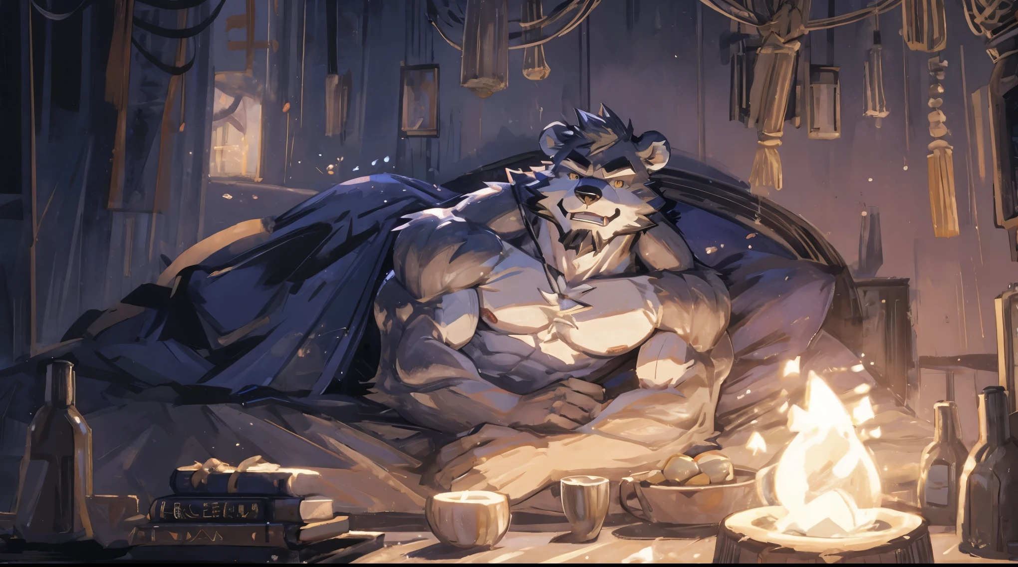 (masterpiece:1.2), best quality,pixiv,official art,perfect anatomy, (Ray tracing, light), (ultra deTailed), sharp focus, solo, (1_male:1.3) , (muscle), (gray fur:1.4), (muscle bear), (beard:1.2), (glowing cyan eyes), Thick eyebrows, (naked:1.1), blanket on the shoulder, (boxer:1.3), barefoot, sitting on sofa , relax hand