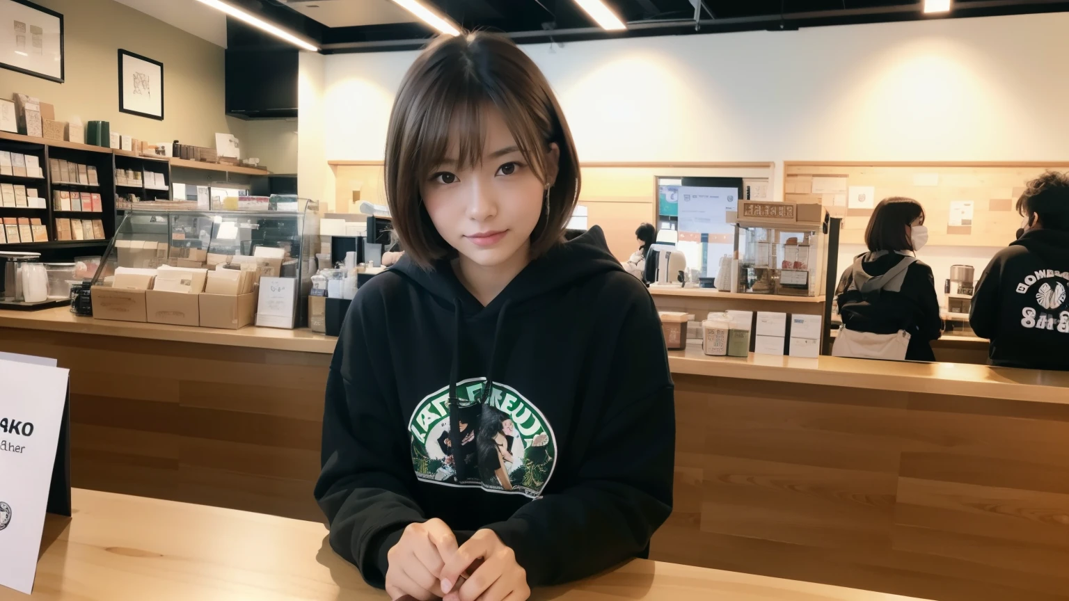 (8K, Raw photo, highest quality, masterpiece:1.2), (realistic, photo-realistic:1.4), (Highly detailed 8K wallpaper), perfect female body, famous japanese idol, 20 year old girl,  japanese model, medium short hair, messy hair, light brown hair, hoodie,Starbucks, I can see other customers enjoying themselves too...。At the back of the cafe、Staff are busy working at the counter。