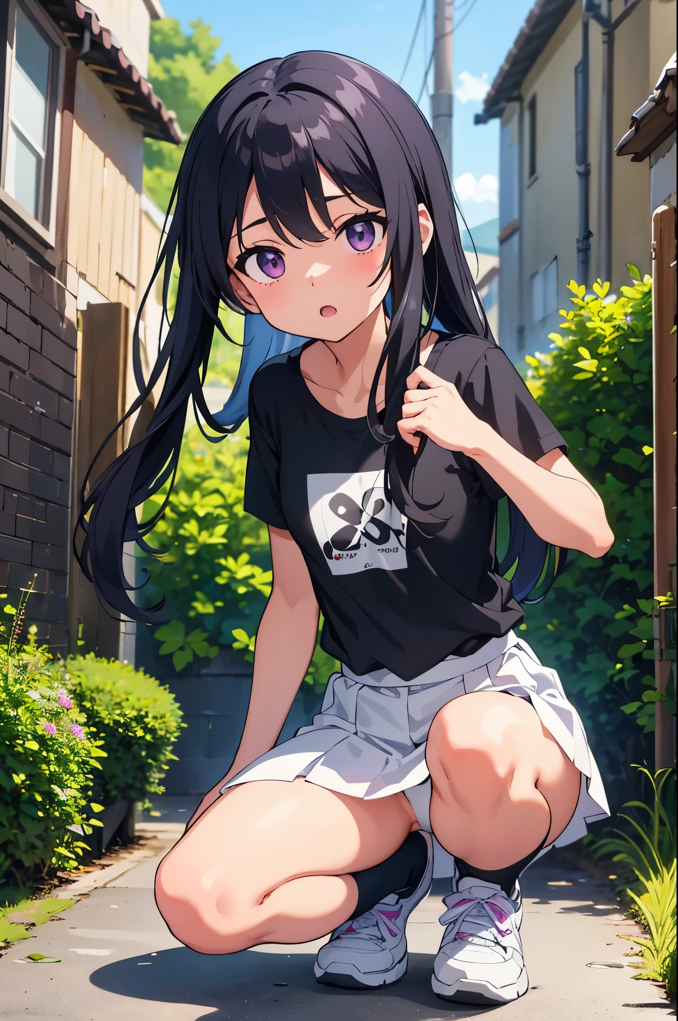 Back alley of a private house in the countryside narrow road girl 8-year-old flat chelack r long hair eyes are purple ((1 person)) Upper body black T-shirt Lower body white miniskirt((White panties are visible)) black socks sneakers squatting down fluttering hair dynamic angle Low angle from the front