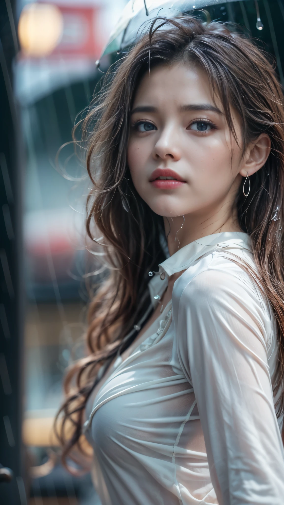 (RAW shooting, Photoreal:1.5, 8K, highest quality, masterpiece, ultra high resolution), perfect dynamic composition:1.2, Night street corner of a modern city, expression of sadness:0.5, (((Typhoon heavy rain))), Highly detailed skin and facial textures:1.2, Slim office lady wet in the rain:1.3, Fair skin, sexy beauty:1.1, perfect style:1.2, beautiful and aesthetic:1.1, very beautiful face, water droplets on the skin, (rain drips all over my body:1.2, wet body:1.2, wet hair:1.3, wet skirt:1.2, wet blouse:1.3), belt, (Medium chest, Bra is transparent, Chest gap), (cry, lovelorn, The expression on your face when you feel intense caress, Facial expression when feeling pleasure), (beautiful blue eyes, Eyes that feel beautiful eros:0.8), (Too erotic:0.9, Bewitching:0.9), cowboy shot, Shoulder bag, necklace, earrings, bracelet, clock