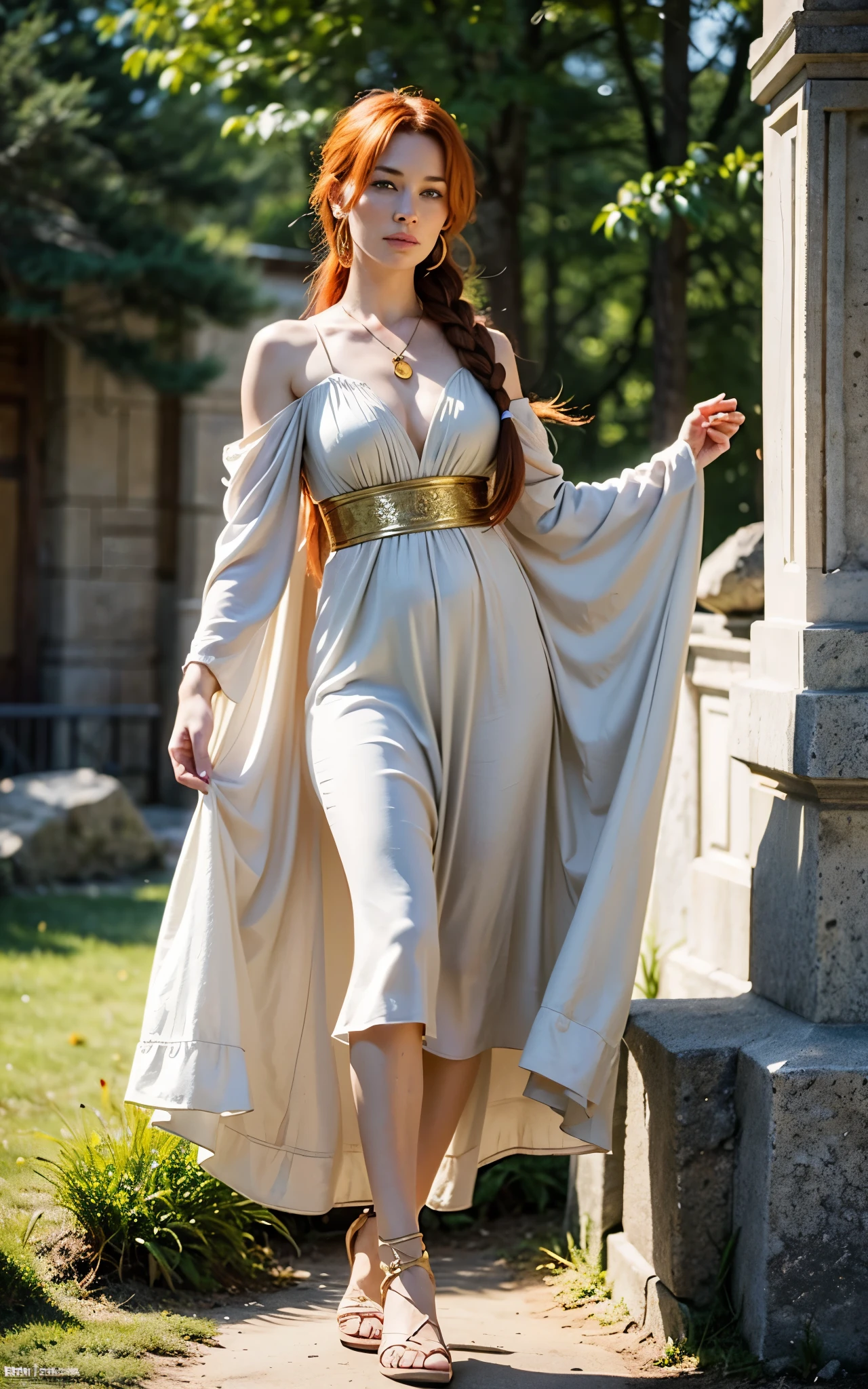 Flamme, (young Lena Headey:Evangeline Lilly), A 35-year-old woman with orange hair, green eyes, sideburns, one large braid, a gold necklace with a ruby pendant, dressed in a white Greek tunic and Roman sandals, with gold bracelets on her arms, forest in the background, masterpiece, hyperdetailed,((1girl)) ,bangs,braided ponytail,single braid,orange hair,very long hair,sidelocks,red earrings,hair over one eye,

