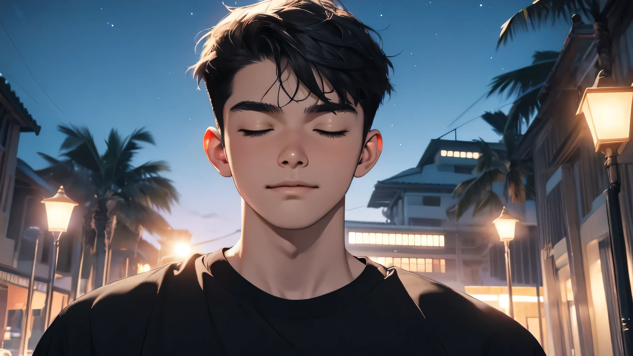 20 years old boy,Looking up,night view,closed eyes,small smile,sky background,absurdres,masterpiece,highres,intricately detailed,black t-shirts,detailed face,global illumination