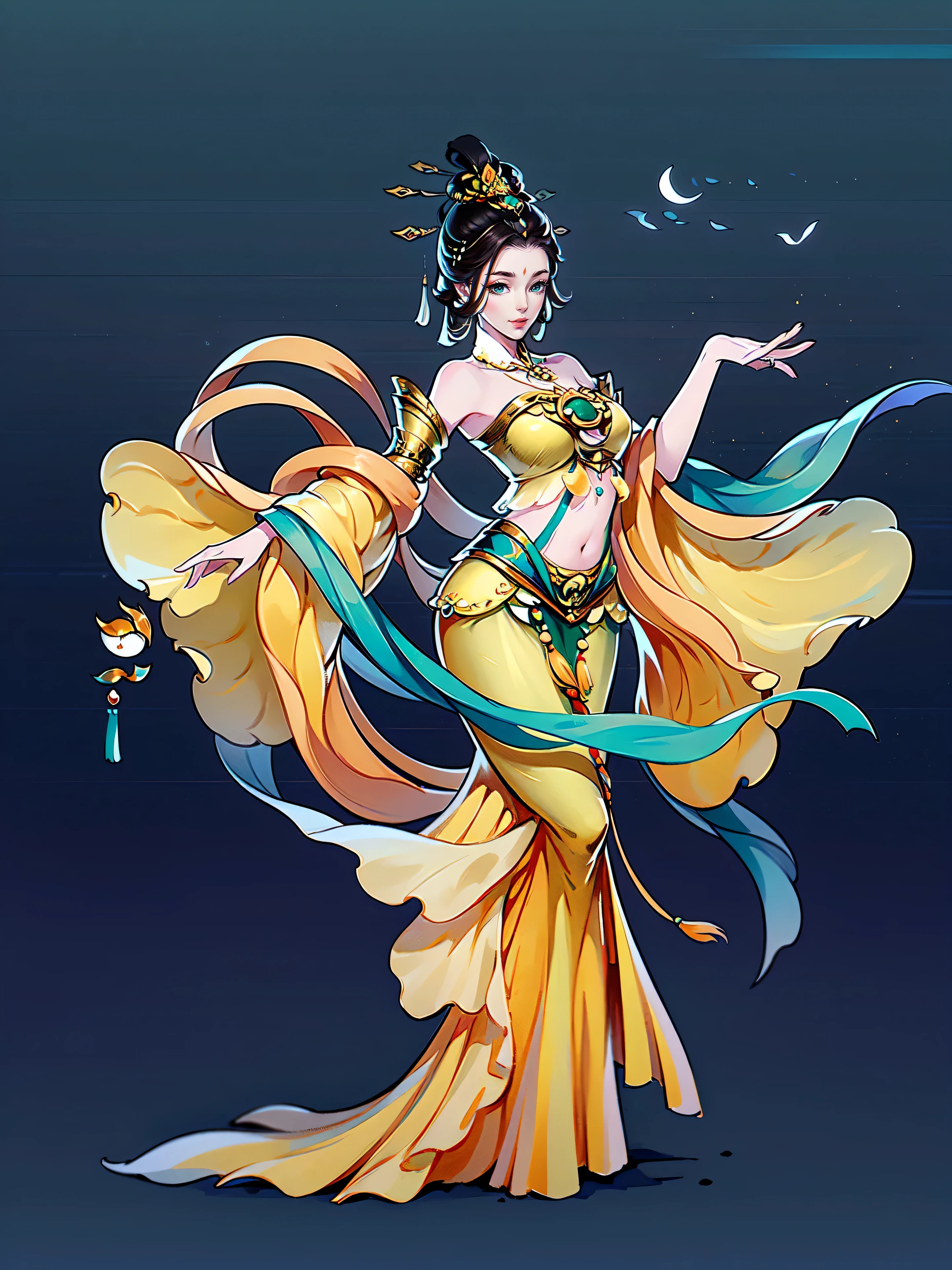 （masterpiece，super detailed，HD details，highly detailed art）1 girl，whole body，barefoot，Feitian，bare shoulders，Show belly，jewelry，xianxia，Gorgeous dance costumes，elegant，elegant，Highly detailed character designs from East Asia，Game character costume design，simple，ultra high resolution, sharp focus, epic work, masterpiece, (Very detailed CG unified 8k wallpaper)，pretty face，beautiful eyes，HD details