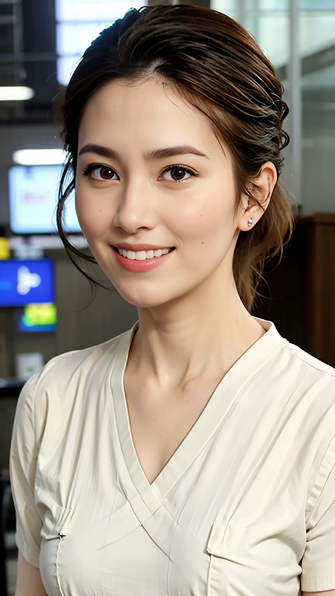 (AIRPORT:1), afternoon, (doctor uniform:1), Bright brown fringed short hair, light brown eyes, 1 girl, 20 years old, Innocent, (lifelike), (intricate details:1.2),(masterpiece, :1.3),(best quality:1.4), (ultra high definition:1.2), ultra high resolution, (delicate eyes), (detailed facial features), high dynamic range, 8K resolution, (lens flare:0.7), turn around, Busy checking reports, Face viewer