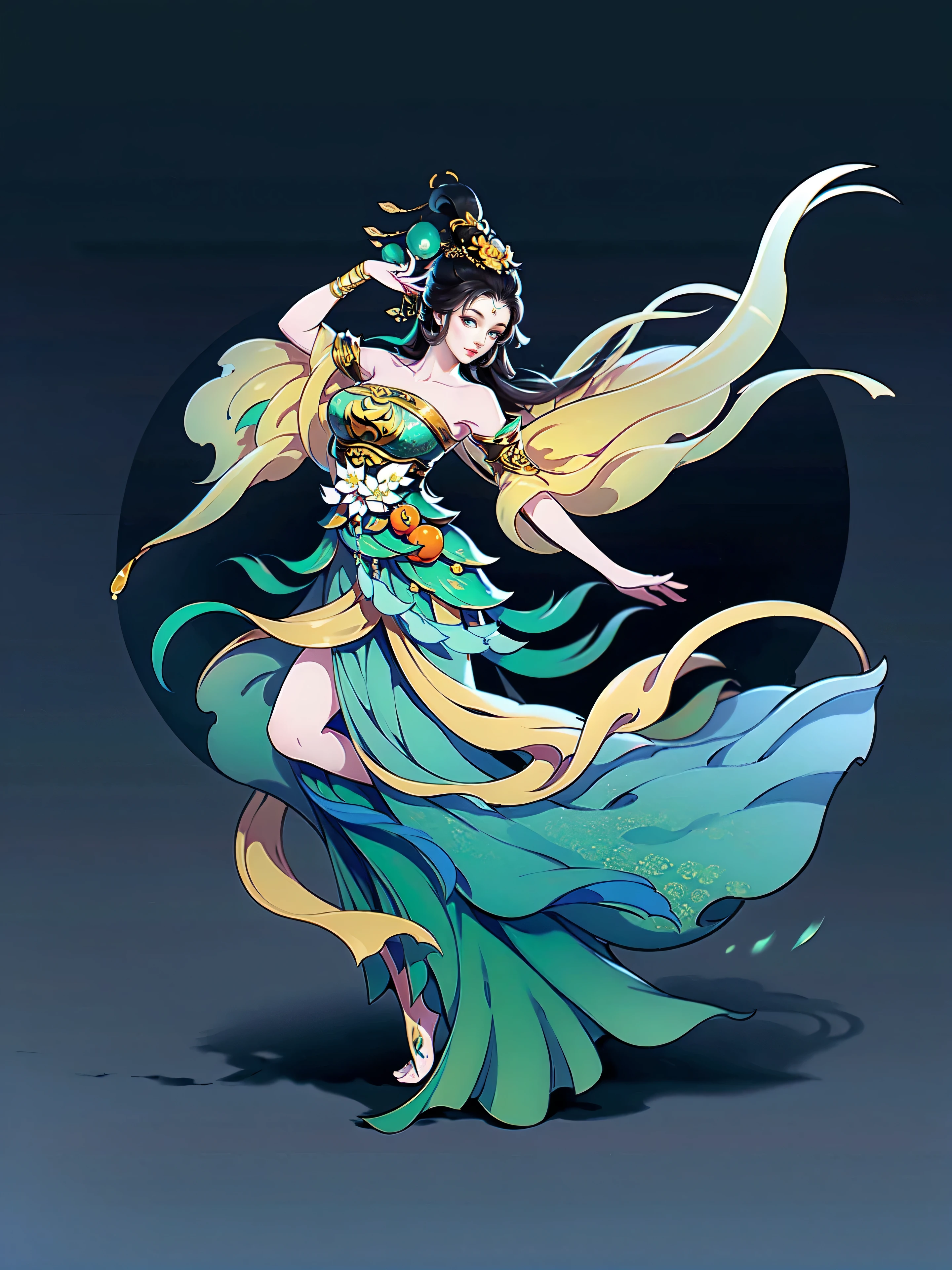 (masterpiece,super detailed,HD details,highly detailed art)1 girl,whole body,barefoot,Feitian,bare shoulders,jewelry,xianxia,Gorgeous dance costumes,elegant,elegant,Highly detailed character designs from East Asia,Game character costume design,simple,ultra high resolution, sharp focus, epic work, masterpiece, (Very detailed CG unified 8k wallpaper),pretty face,beautiful eyes,HD details