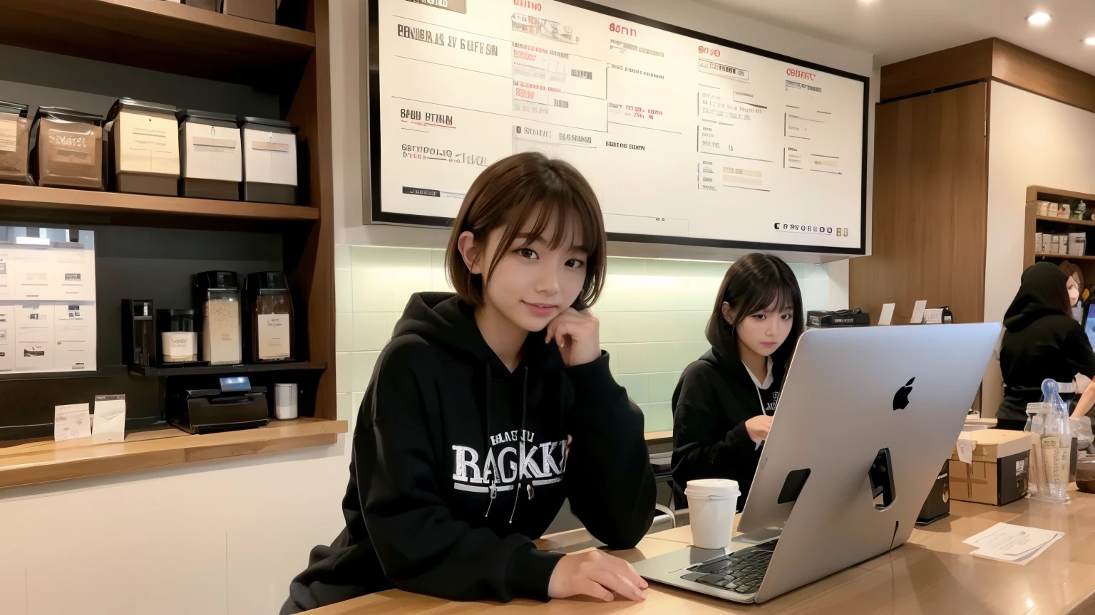 (8K, Raw photo, highest quality, masterpiece:1.2), (realistic, photo-realistic:1.4), (Highly detailed 8K wallpaper), perfect female body, famous japanese idol, 20 year old girl, japanese model, medium short hair, messy hair, light brown hair, hoodie,Starbucks, I can see other customers enjoying themselves too...。At the back of the cafe、Staff are busy working at the counter。