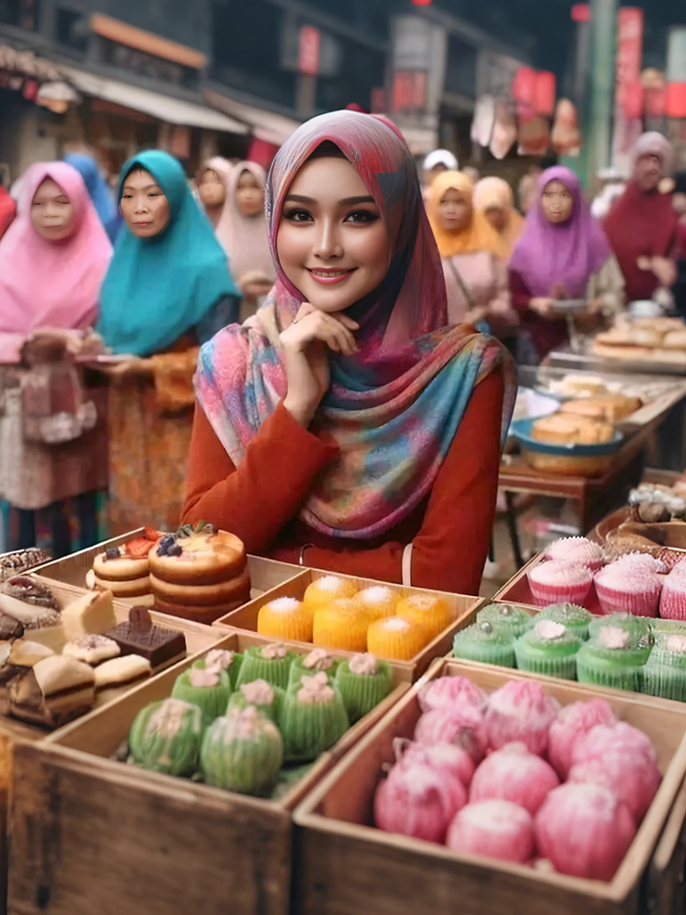 woman in a colorful scarf standing in front of a table of pastries, with beautiful colors, malaysian, with beautiful exotic, colourful, beautiful colorful, trending on pinteresst, hijab, beautiful, cute colorful adorable, 8k)), beautiful art, traditional beauty, middle eastern style vendors, beautiful artwork, wonderful, perfect expression, cute beautiful, beautiful and colorful