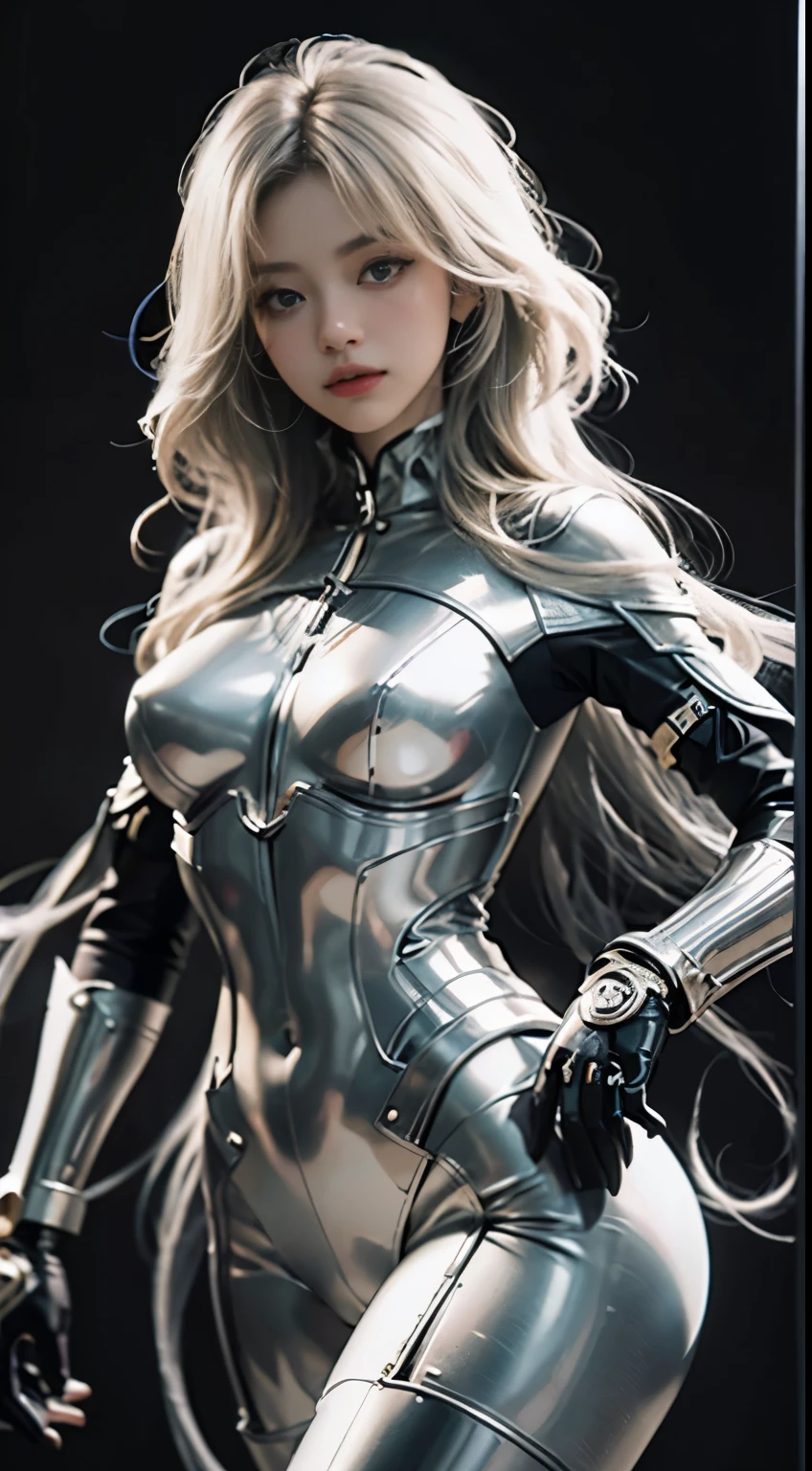 Top Quality、masterpiece、超High Resolution A、(Photorealcitic:1.4)、Raw foto、White porcelain body、white haired、wlop glossy skin、1 Cyborg Girl、((ultra-realistic detail))、portlate、Global Illumination、shadowy、octan render、8K、UltraSharp、Character edge light, tits huge、Raw skin is exposed to the valley、Detail of Intricate Ornaments、Transparent part、Detailed hydraulic cylinders from Sumer、Compact LED lamps、highly intricate details、Realistic light、Purple eyes、luminous eyes、Facing the camera、neon details、cowboy shots, About Cyberpunk、Female elves, Beautiful waist, navels, big size ass, Exposed metal skeleton, (random pose、dynamicposes,:1.2)