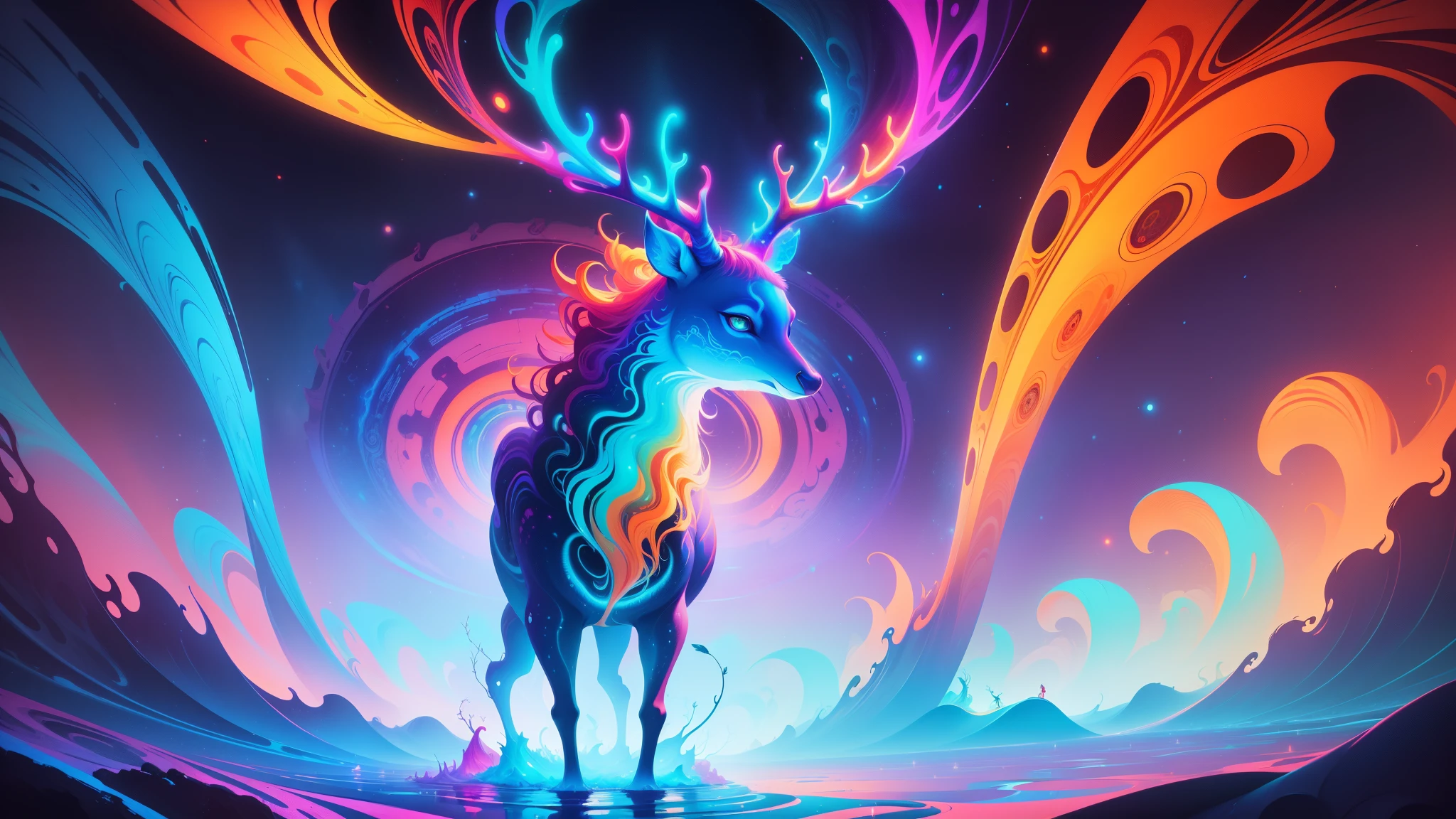 (Psychedelic painting of deer standing in front of colorful whirlpools), ((Multi-sewn large antlers, stag, Big head)), Light and shadow, Waves, Multi-layered, foreground, Distant view, fractal thunder dan mumford, Dan Mount Ford and Alex Gray style, psychedelic surreal art, surreal psychedelic design, Fantasy art style, Illusion psychedelic art, Infinite psychedelic waves, Inspired by Cyril Rolando, True corrugated structure, Psychedelic art style, trippy art, psychedelic illustrations，Bio-luminescence, vibrant, Colourful, Color, (Glowing, Glow), (Beautiful composition), Cinematic lighting, Intricate, (Symmetrical:0.5), Whimsical,